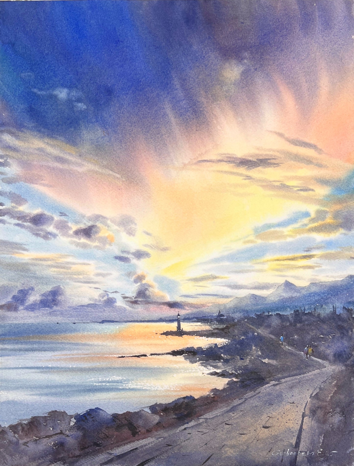 Lighthouse at Sunset Watercolor Painting | Nautical Ocean Wall Decor | Sunset Road and Lighthouse 12x16 in