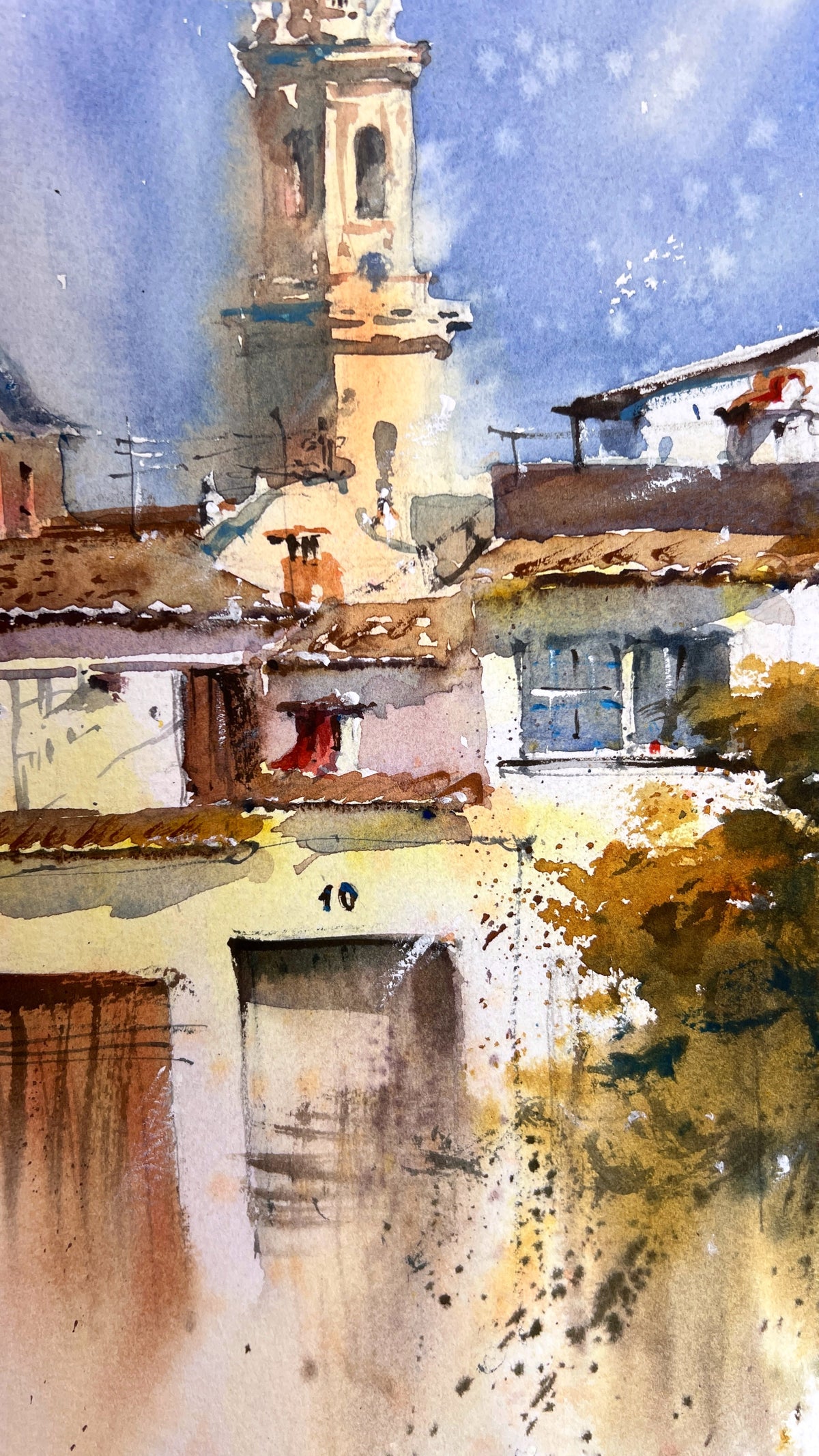 Spanish Village Watercolor Painting, Spain Architecture Art, Beneath Spanish Skies 12x16 in