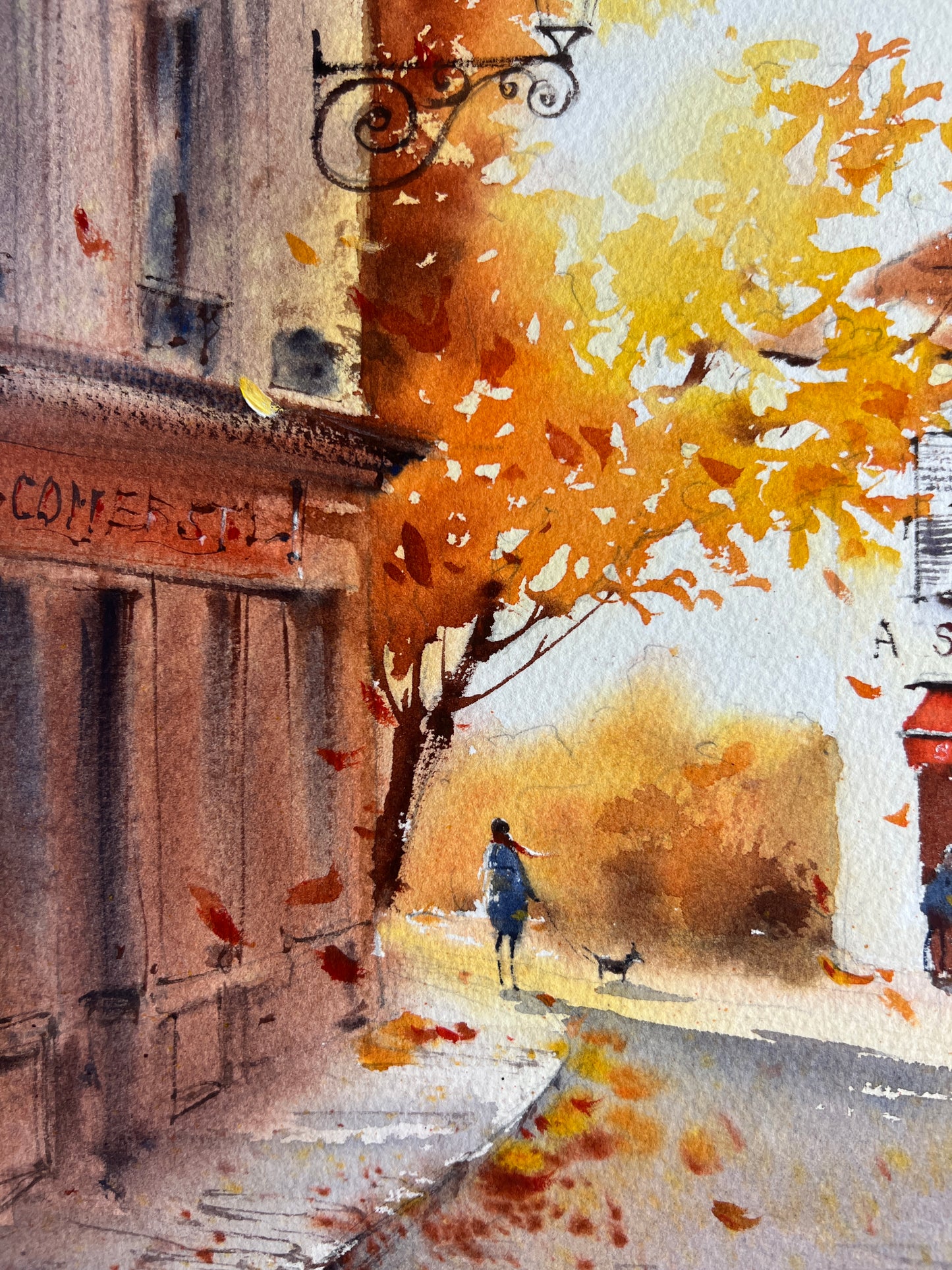 Autumn in Paris Painting (Original Watercolor) - Montmartre Foliage Art