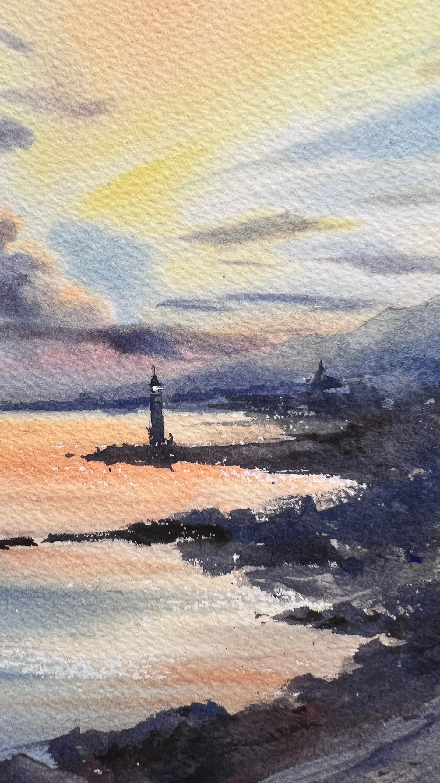 Lighthouse at Sunset Watercolor Painting | Nautical Ocean Wall Decor | Sunset Road and Lighthouse 12x16 in
