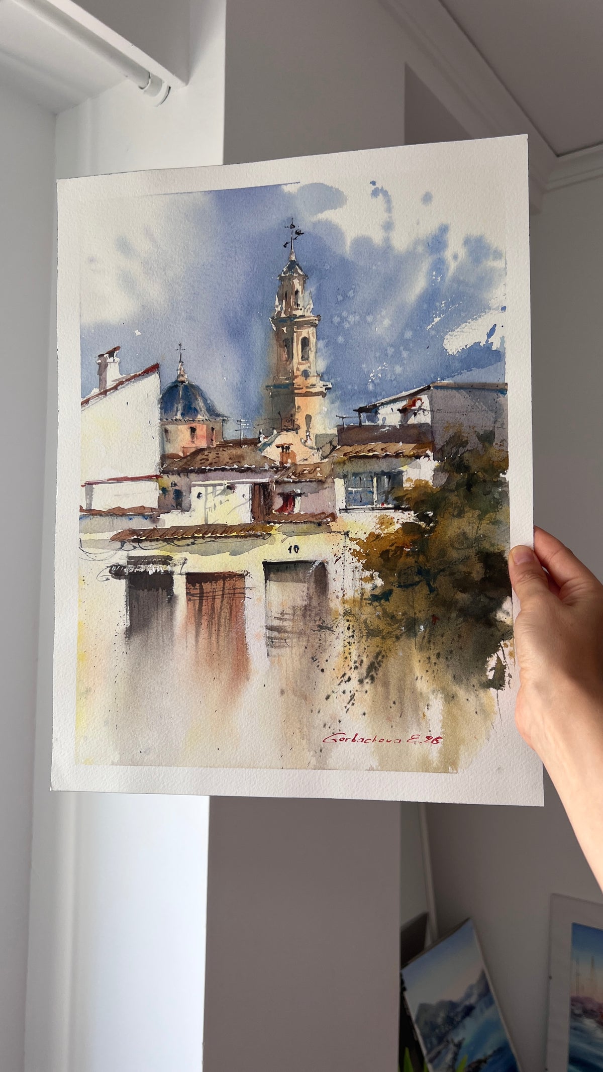 Spanish Village Watercolor Painting, Spain Architecture Art, Beneath Spanish Skies 12x16 in