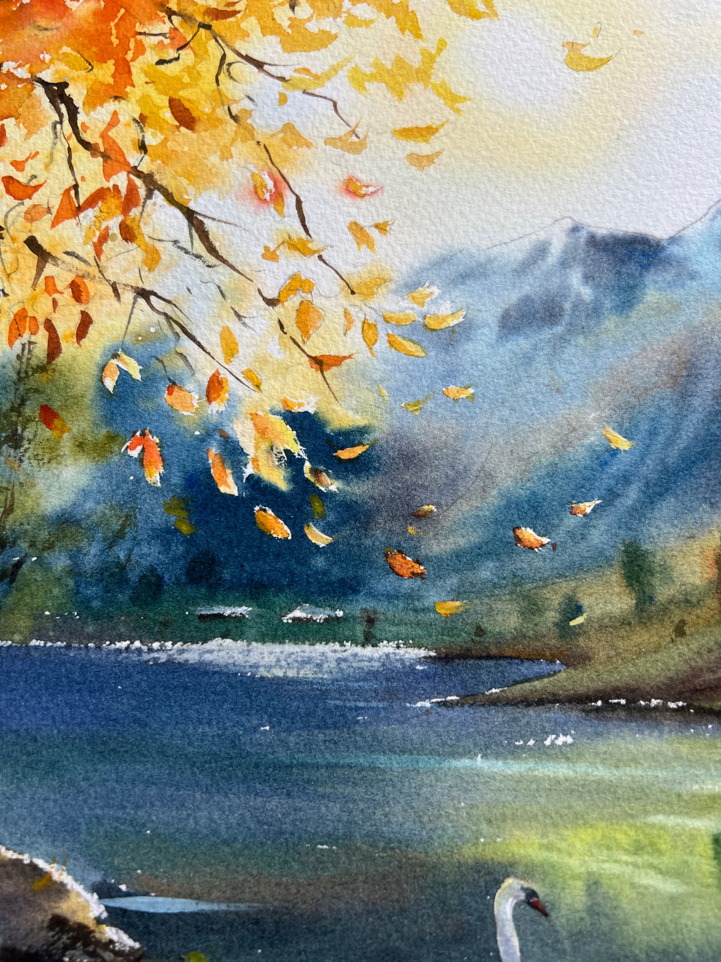 Swan Lake Watercolor Original Painting, 18x13 in, Fall Mountain Landscape