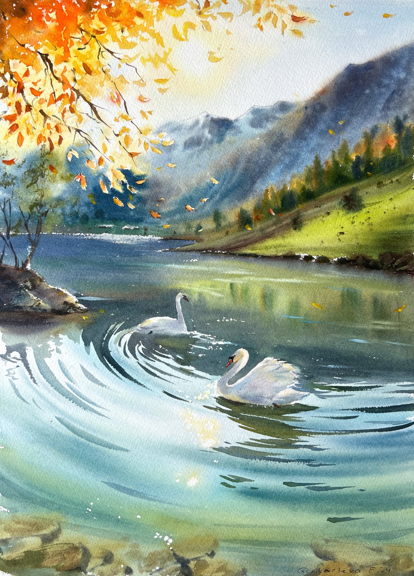 Swan Lake Watercolor Original Painting, 18x13 in, Fall Mountain Landscape