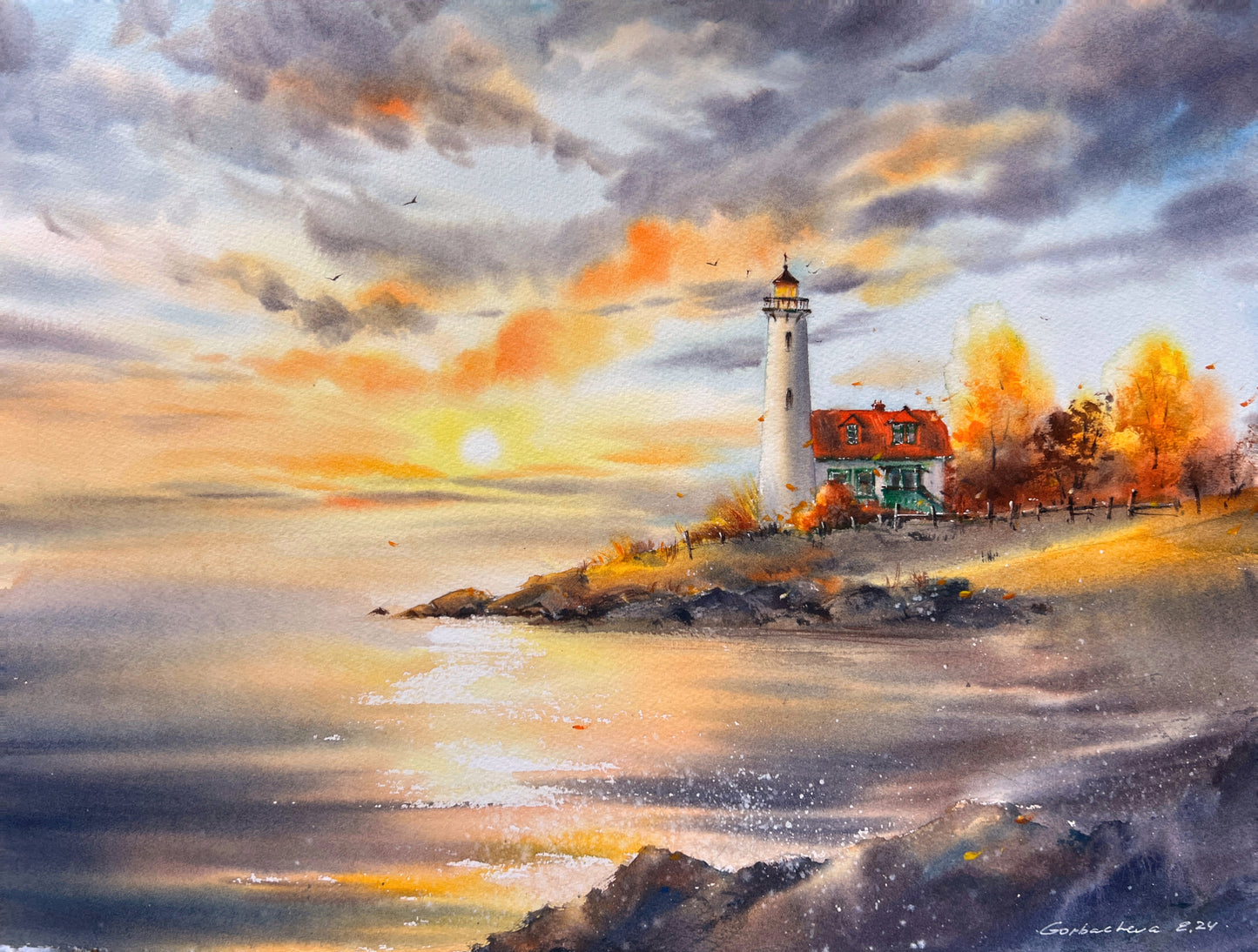 Lighthouse at Sunset Watercolor - Autumn Landscape - Original Painting