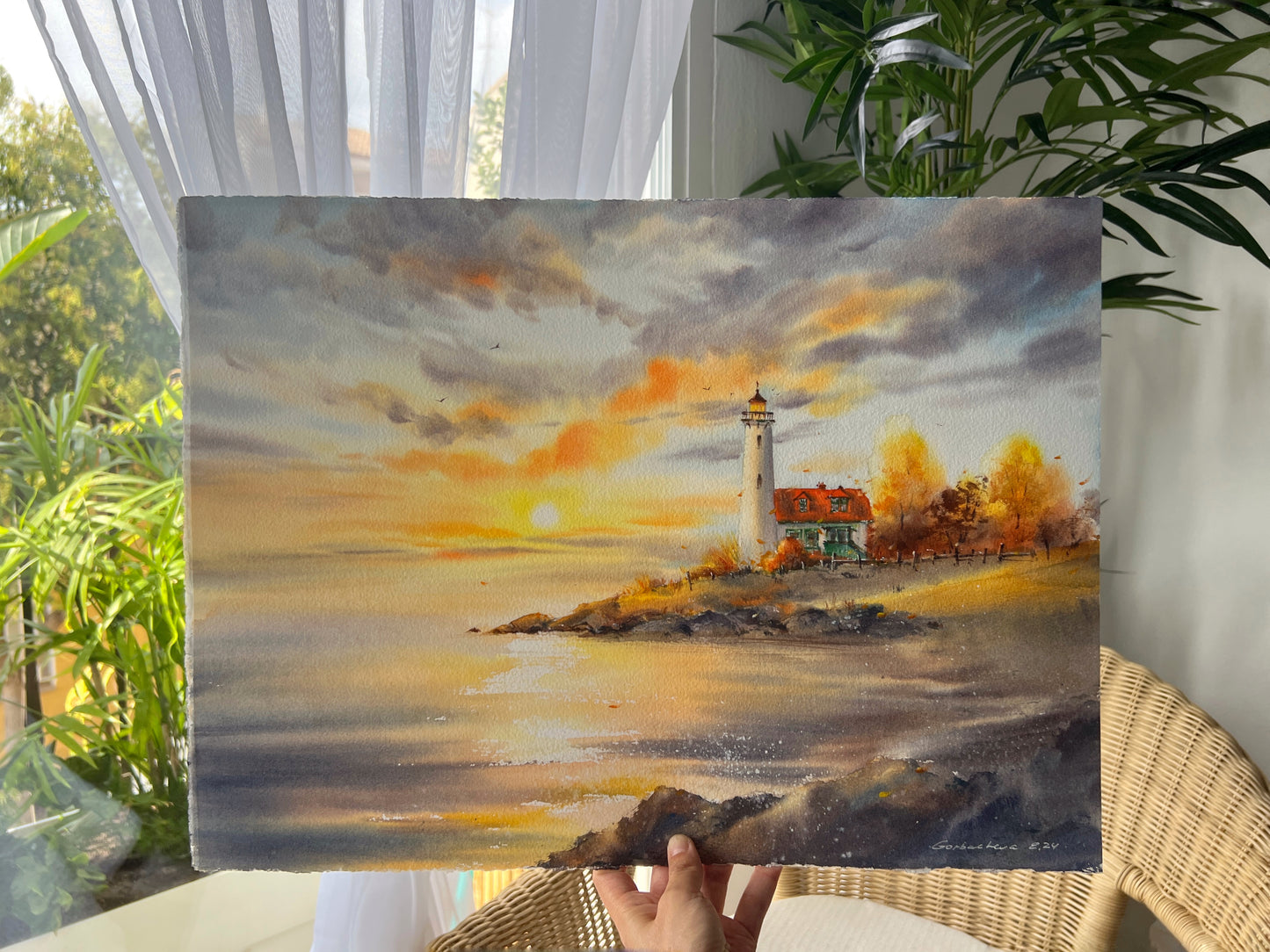 Lighthouse at Sunset Watercolor - Autumn Landscape - Original Painting