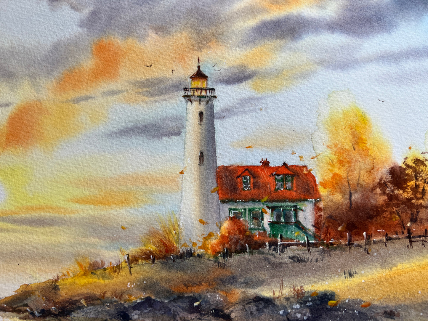 Lighthouse at Sunset Watercolor - Autumn Landscape - Original Painting