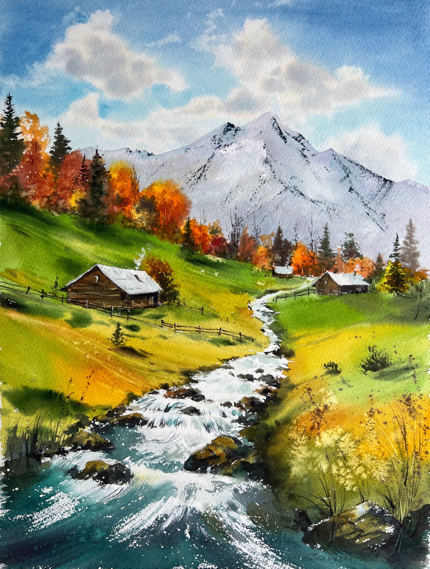 Mountain River #42 - Vibrant Fall River Original Painting - Nature Watercolor Artwork