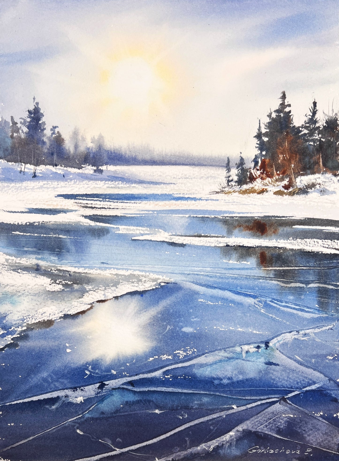 Original Frozen Lake Watercolor Painting, Sunlit Winter Ice Art, Sky on Ice 9x12