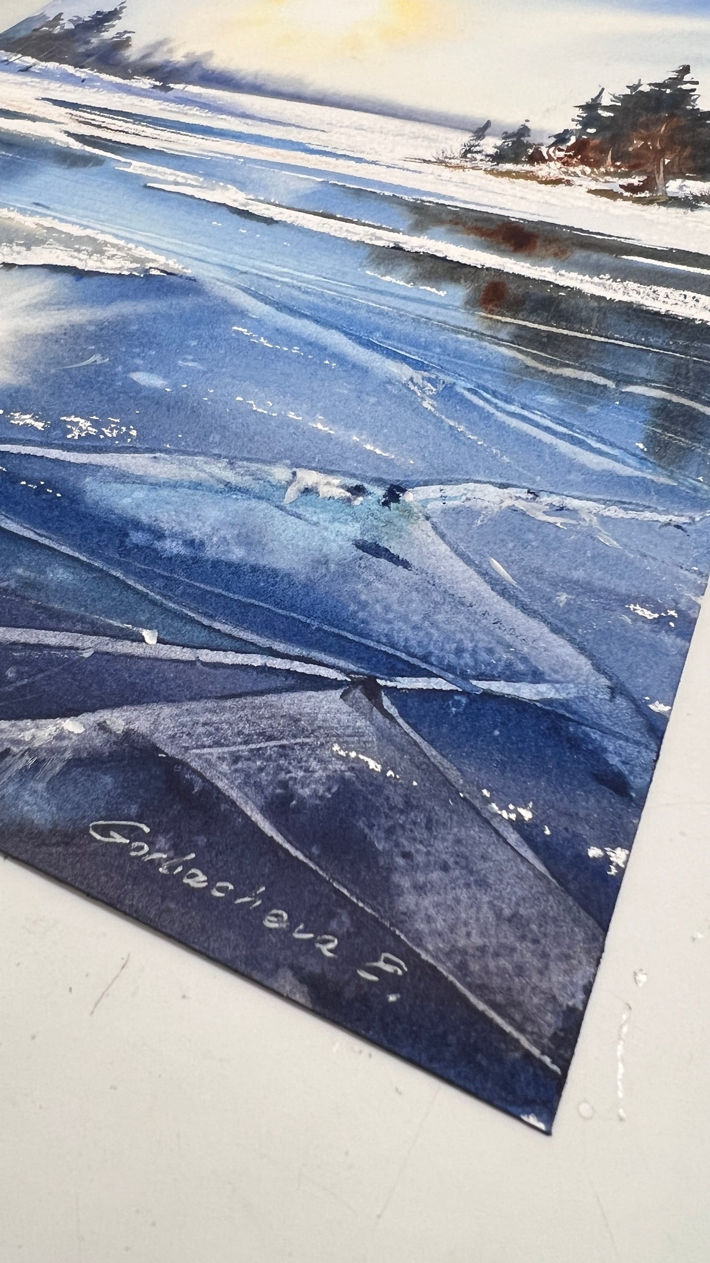 Original Frozen Lake Watercolor Painting, Sunlit Winter Ice Art, Sky on Ice 9x12