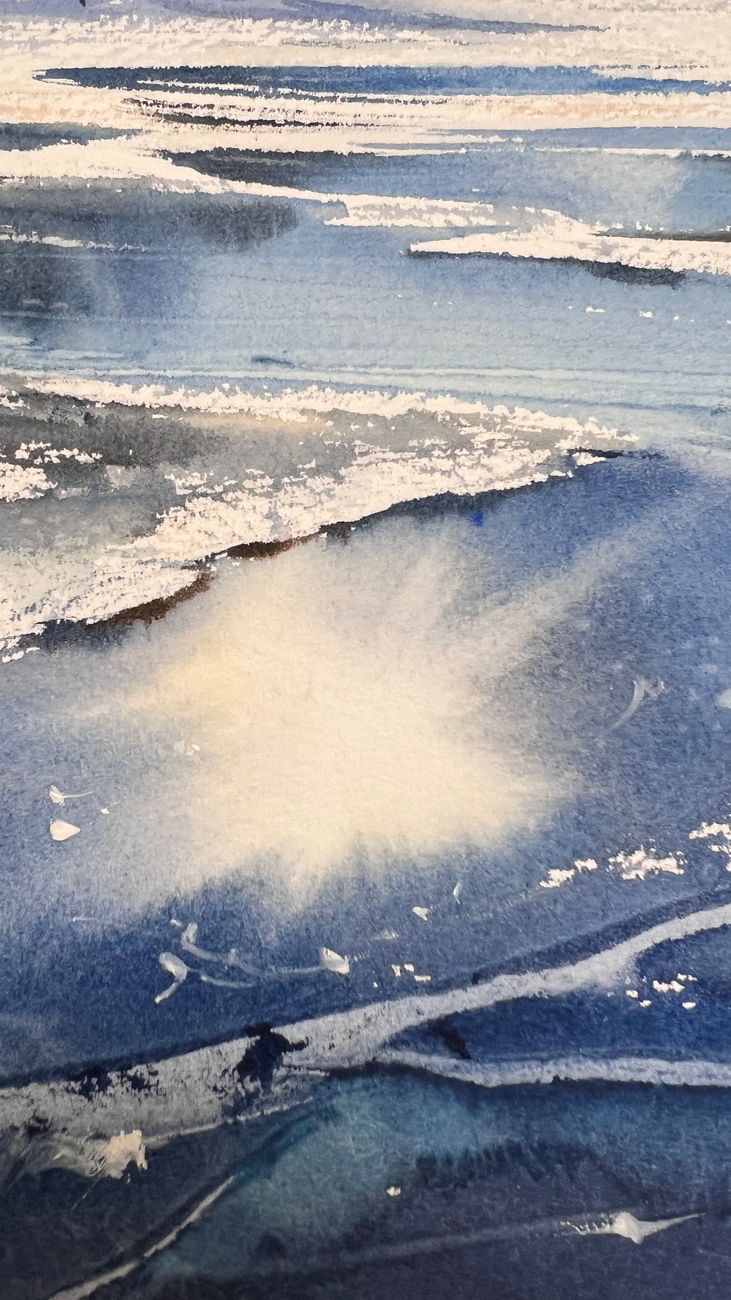 Original Frozen Lake Watercolor Painting, Sunlit Winter Ice Art, Sky on Ice 9x12