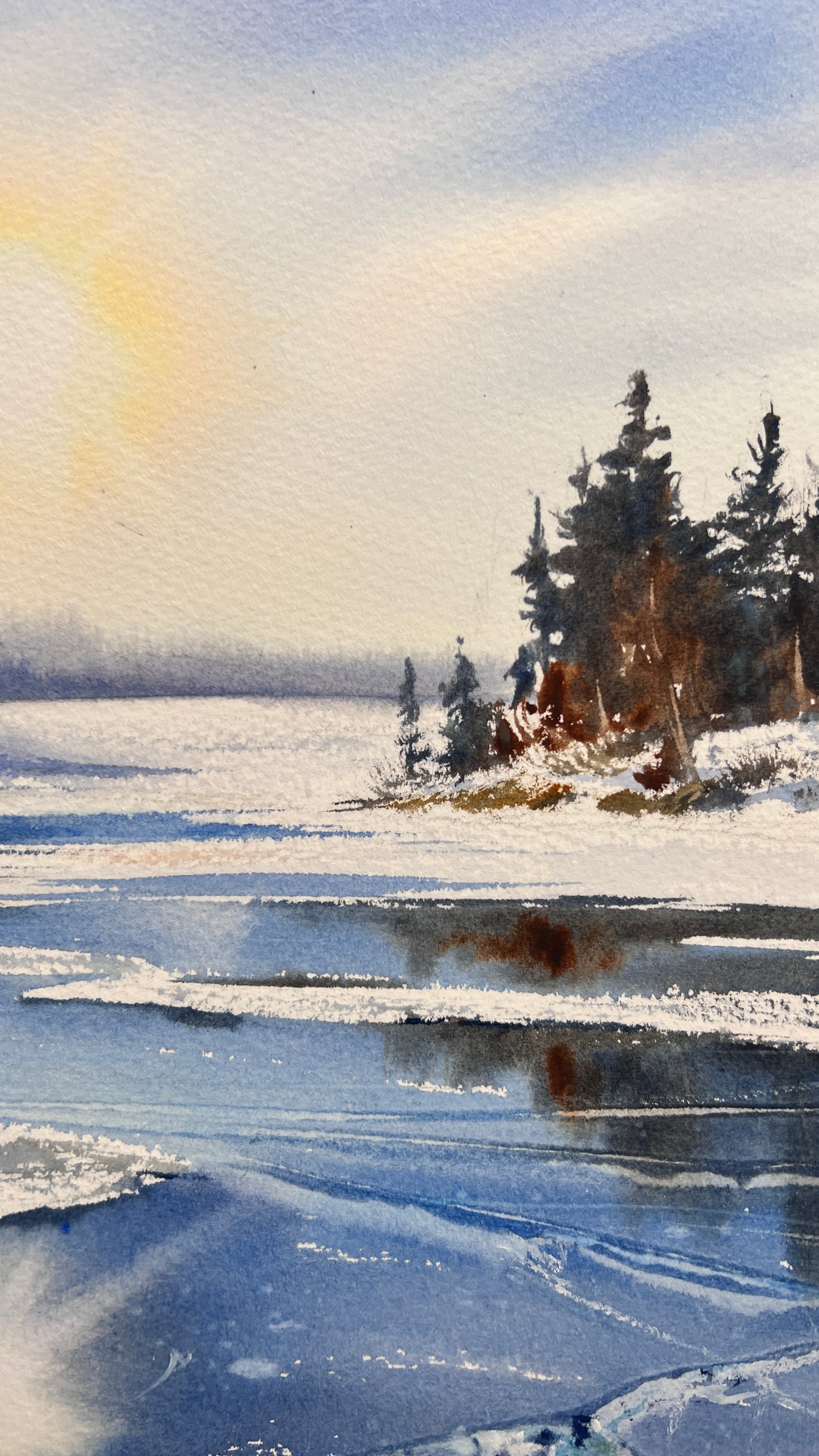 Original Frozen Lake Watercolor Painting, Sunlit Winter Ice Art, Sky on Ice 9x12