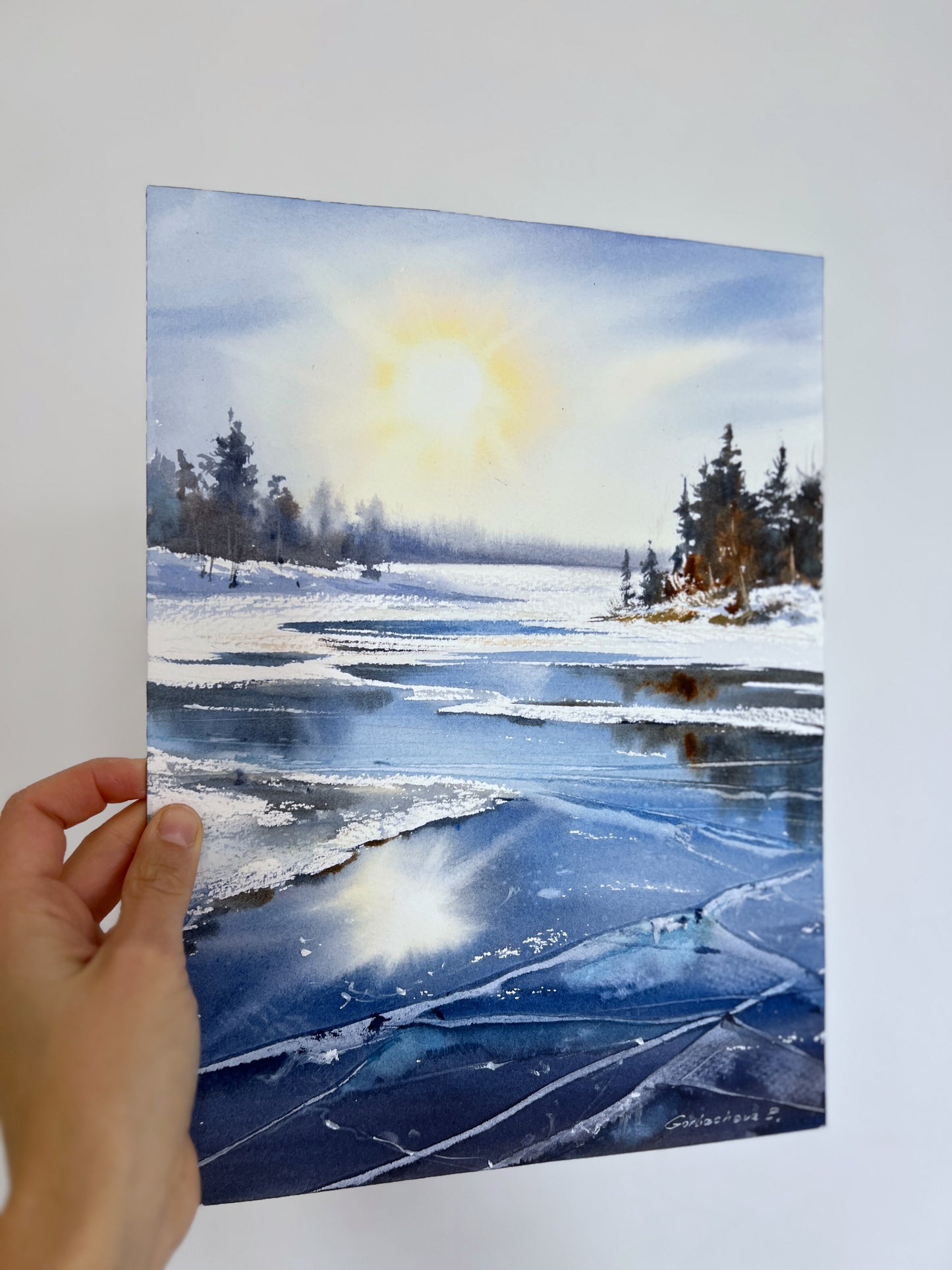 Original Frozen Lake Watercolor Painting, Sunlit Winter Ice Art, Sky on Ice 9x12