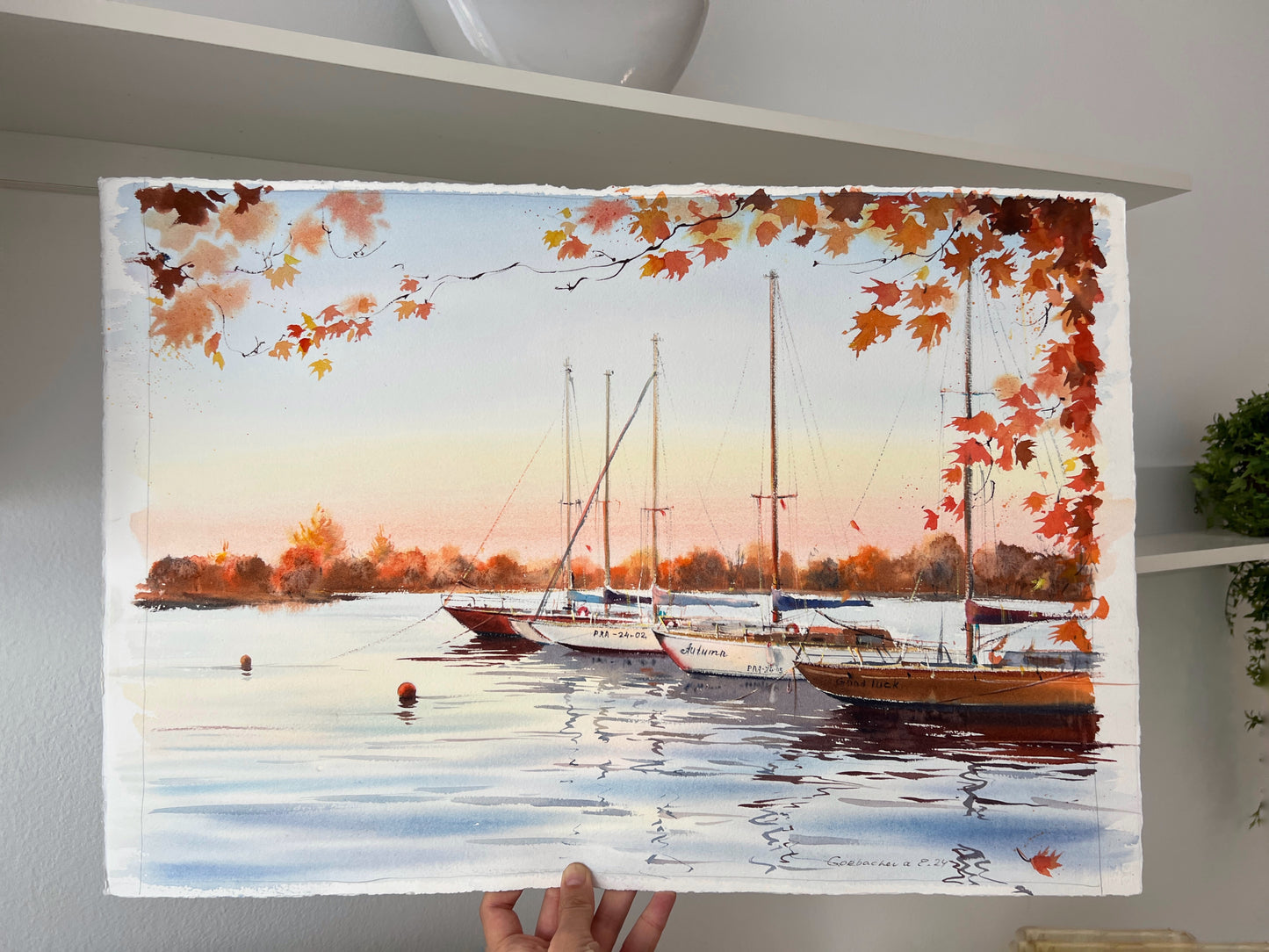 Golden Autumn Yachts Watercolor Original Painting - Marina Scene, 15x20