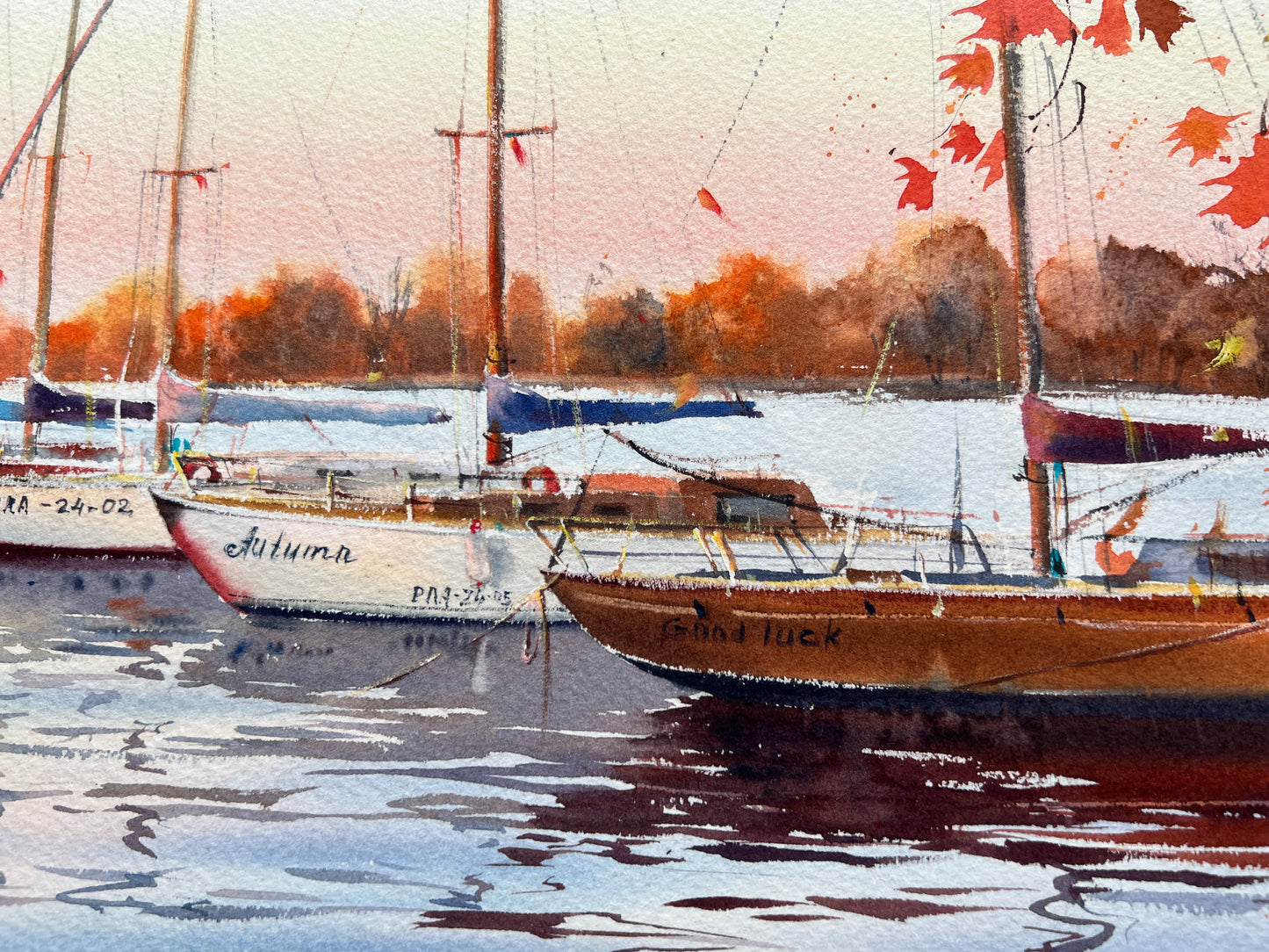 Golden Autumn Yachts Watercolor Original Painting - Marina Scene, 15x20