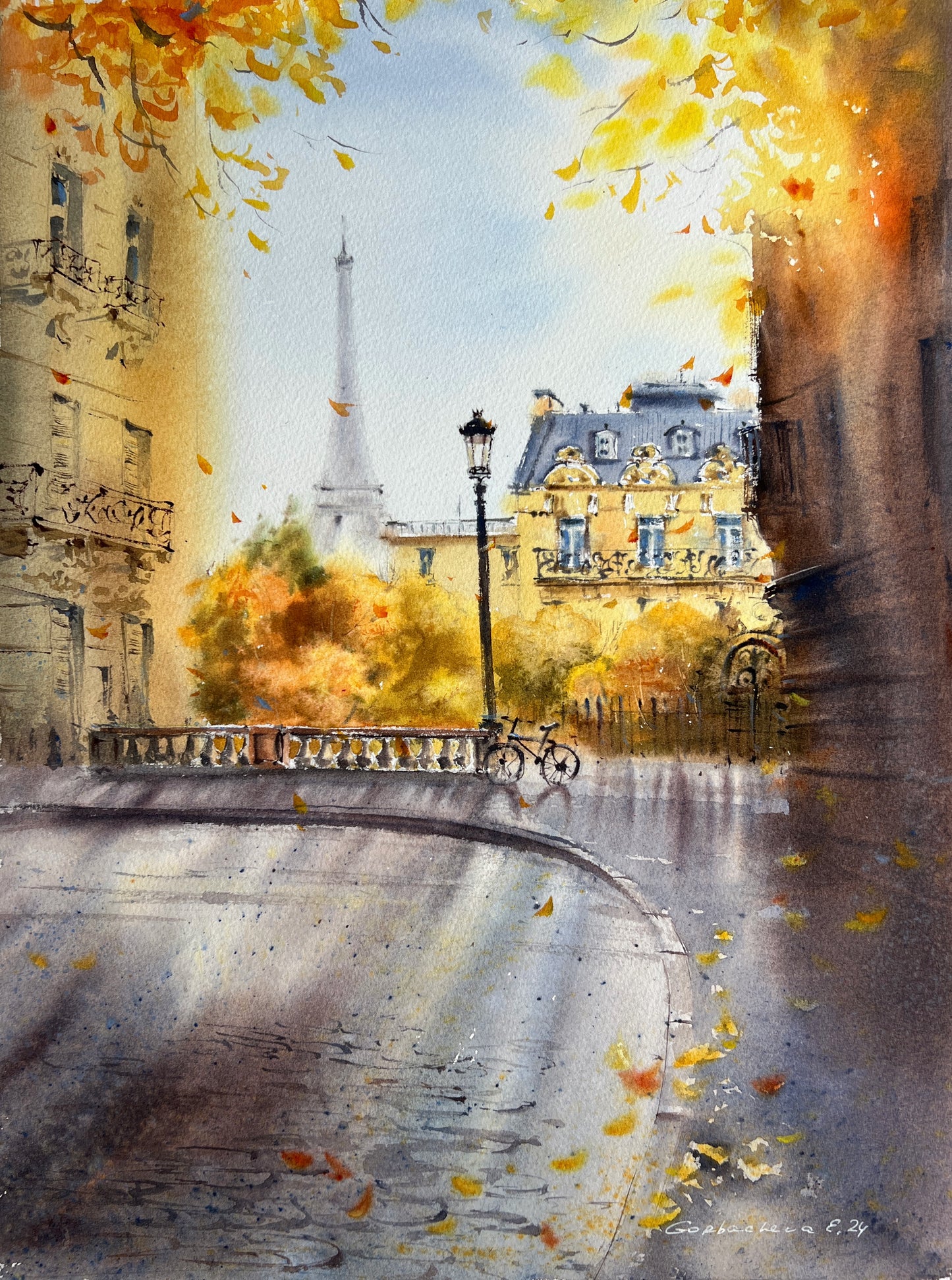 Autumn in Paris #2  Watercolor Watercolor Painting, Eiffel Tower Cityscape