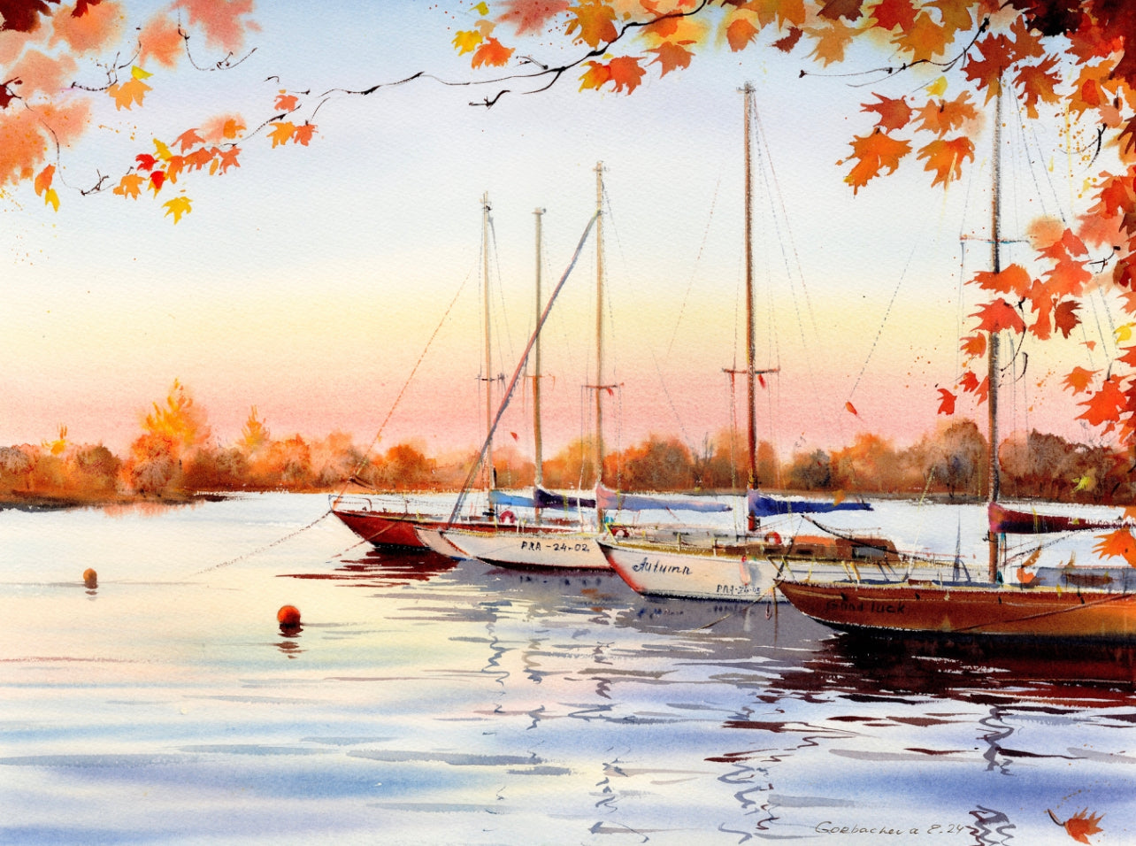 Golden Autumn Yachts Watercolor Original Painting - Marina Scene, 15x20