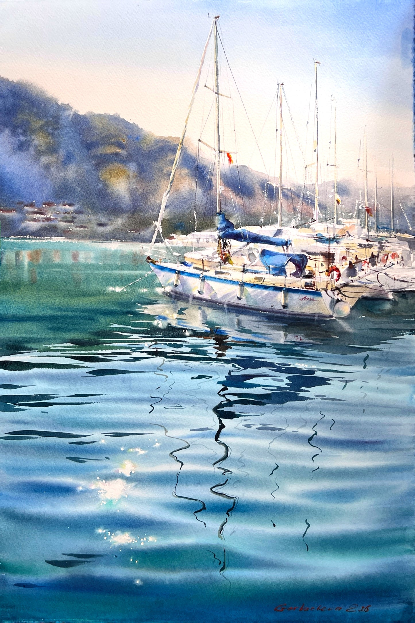 Underwater Light Watercolor, Sailboat Painting, Underwater Light 15x22