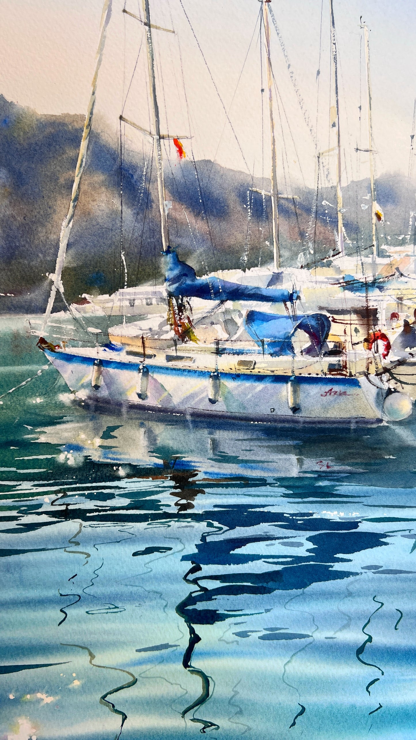 Underwater Light Watercolor, Sailboat Painting, Underwater Light 15x22