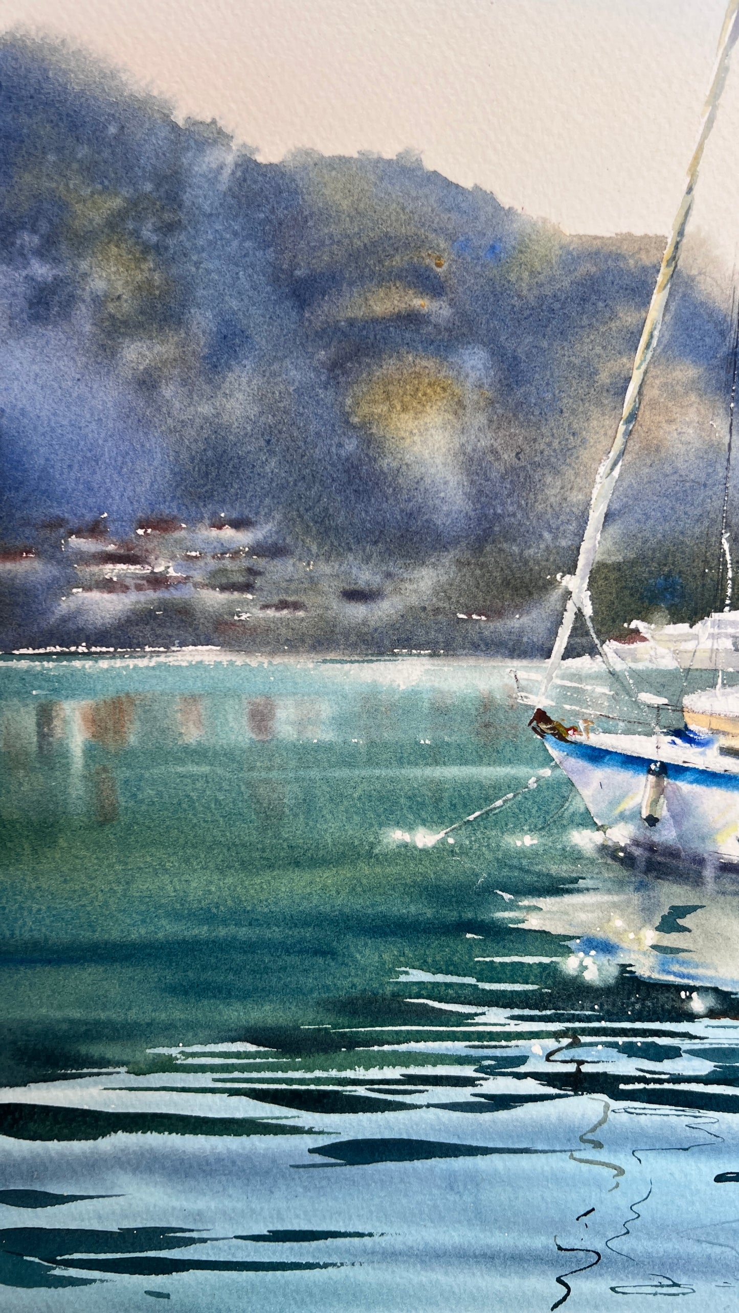 Underwater Light Watercolor, Sailboat Painting, Underwater Light 15x22