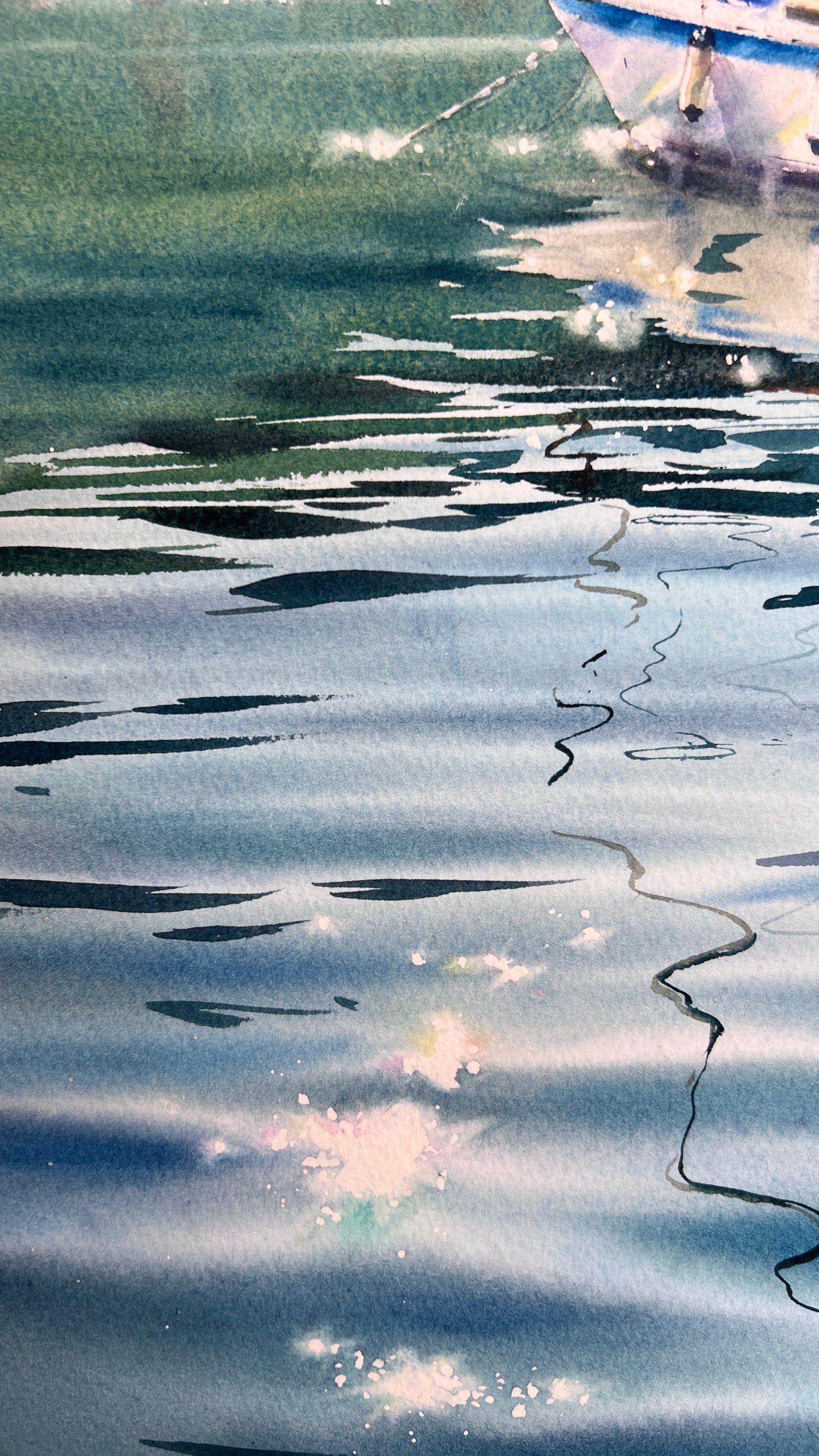 Underwater Light Watercolor, Sailboat Painting, Underwater Light 15x22