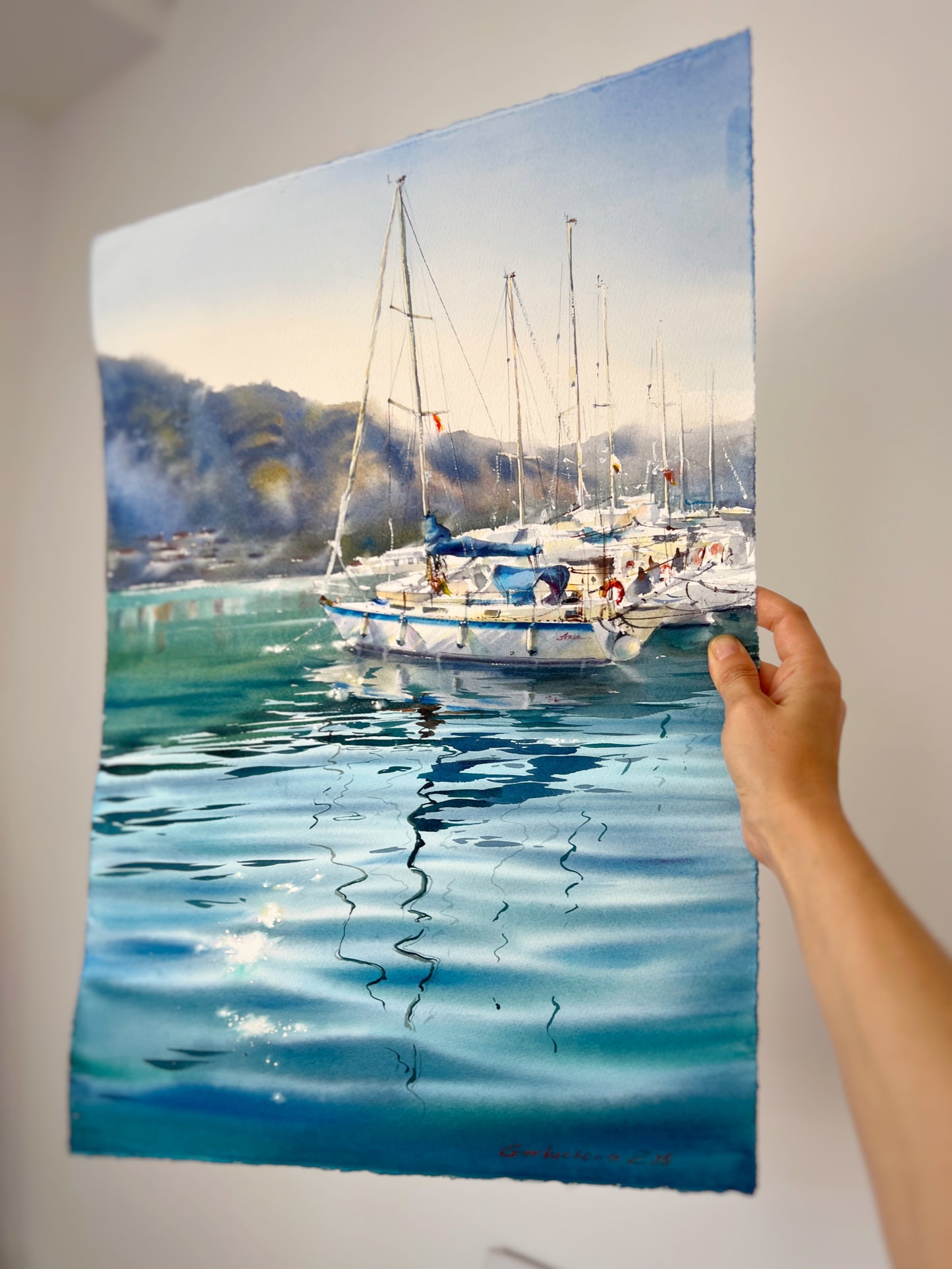 Underwater Light Watercolor, Sailboat Painting, Underwater Light 15x22