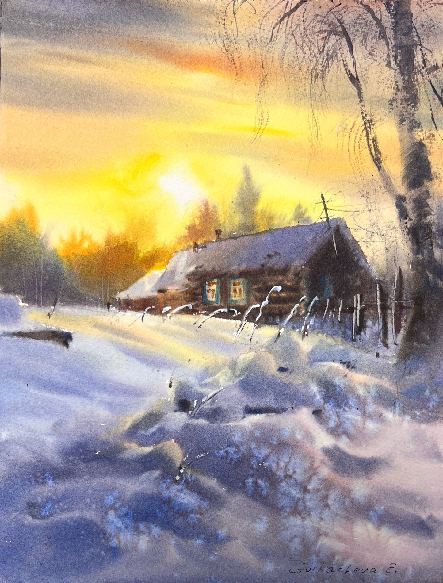 Rustic Winter Sunset Watercolor Painting, Winter's Quiet Embrace 9X12