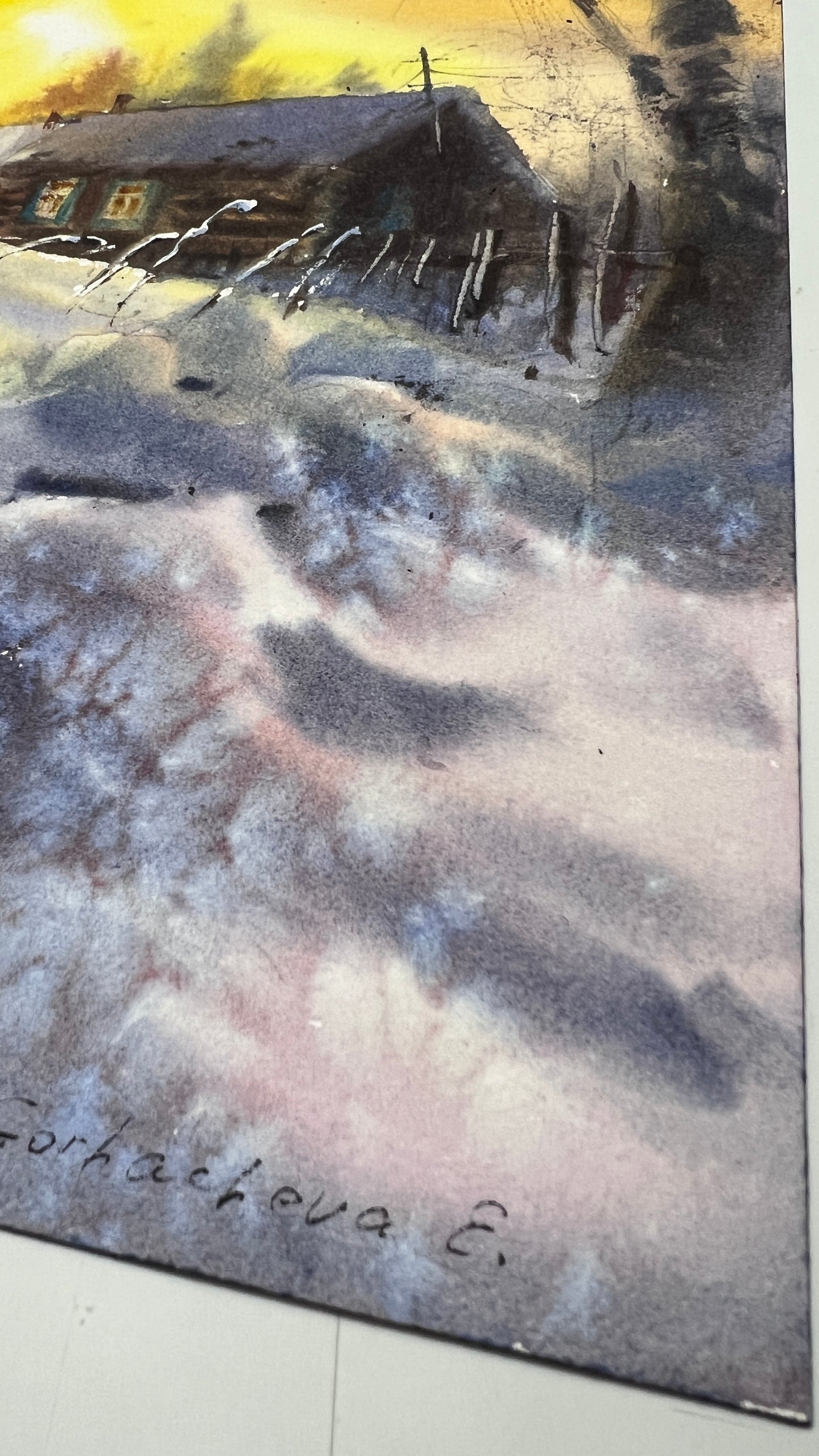 Rustic Winter Sunset Watercolor Painting, Winter's Quiet Embrace 9X12