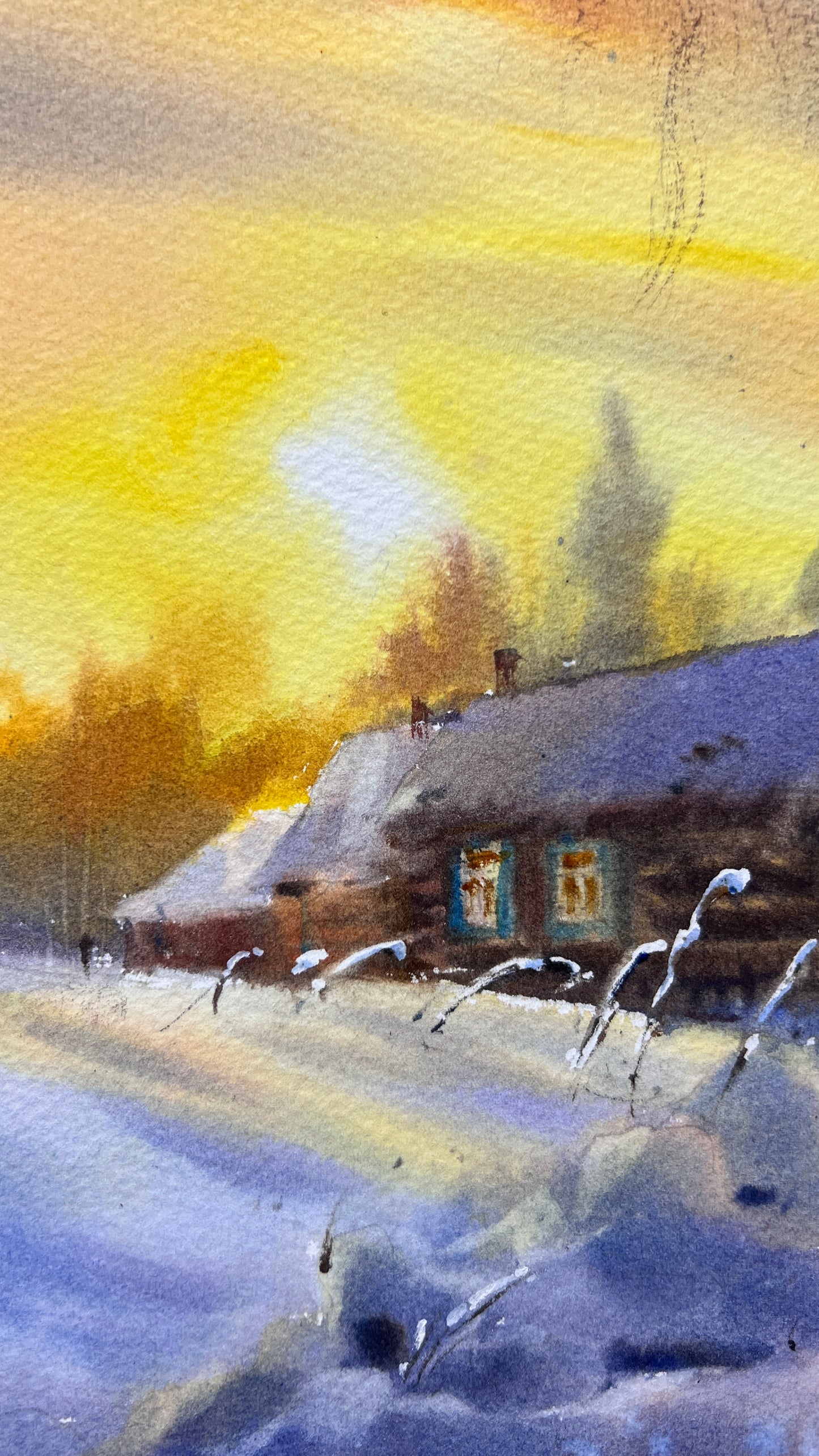 Rustic Winter Sunset Watercolor Painting, Winter's Quiet Embrace 9X12