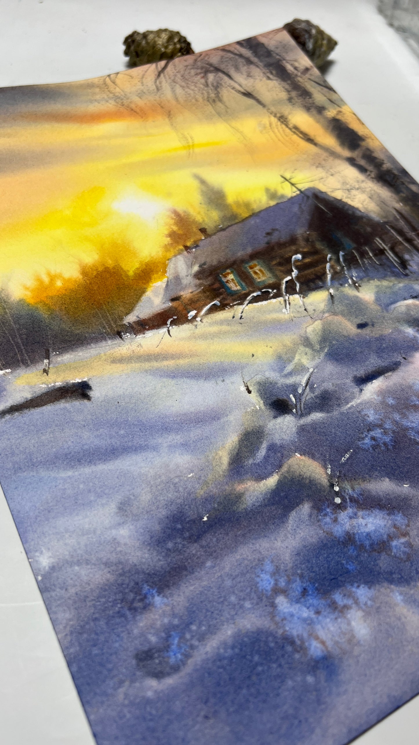 Rustic Winter Sunset Watercolor Painting, Winter's Quiet Embrace 9X12