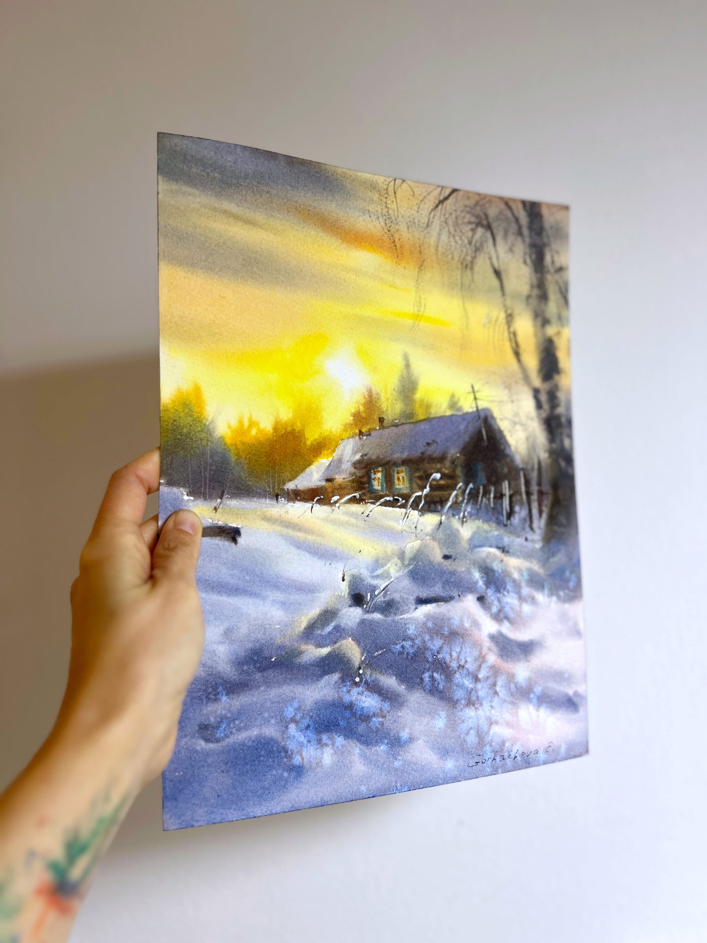 Rustic Winter Sunset Watercolor Painting, Winter's Quiet Embrace 9X12