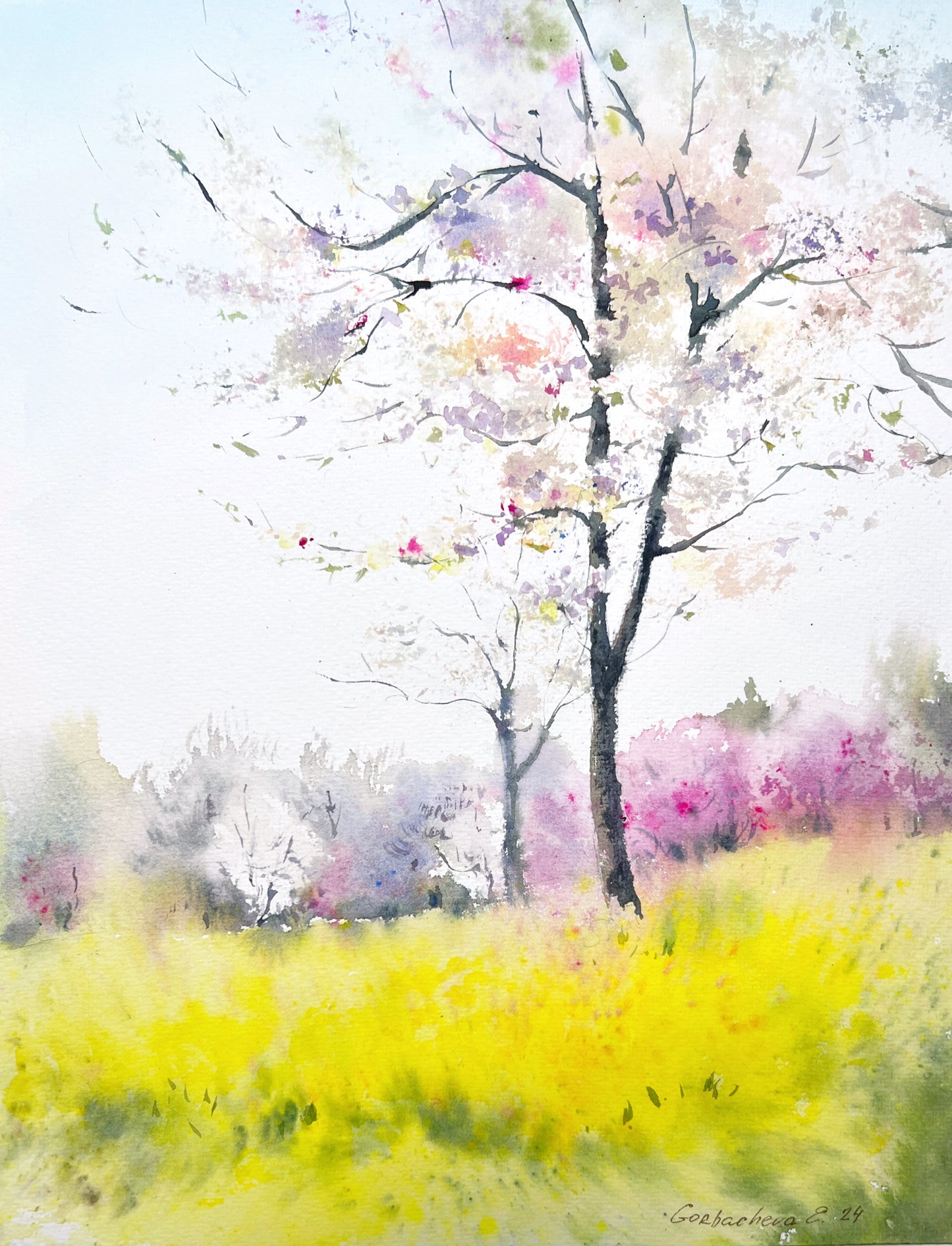 Spring Landscape Painting, Original Watercolor Artwork - Tenderness #3