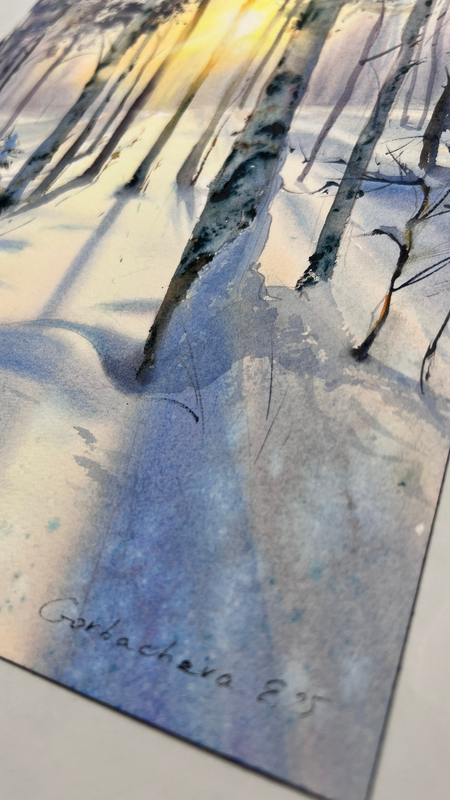 Original Winter Birch Forest Watercolor, Snowy Landscape Wall Art, Birch grove in winter glow 9x12