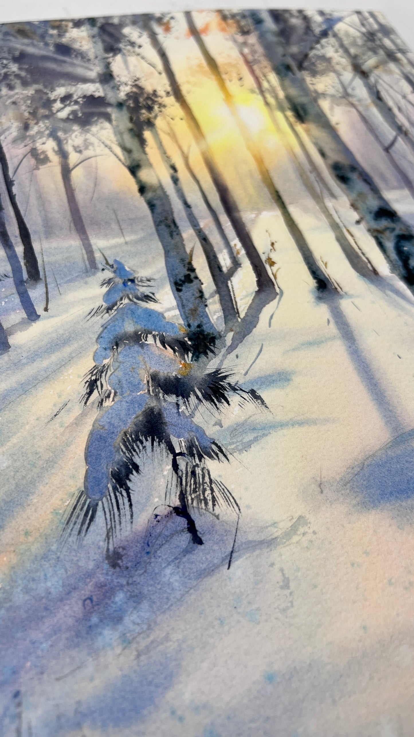 Original Winter Birch Forest Watercolor, Snowy Landscape Wall Art, Birch grove in winter glow 9x12