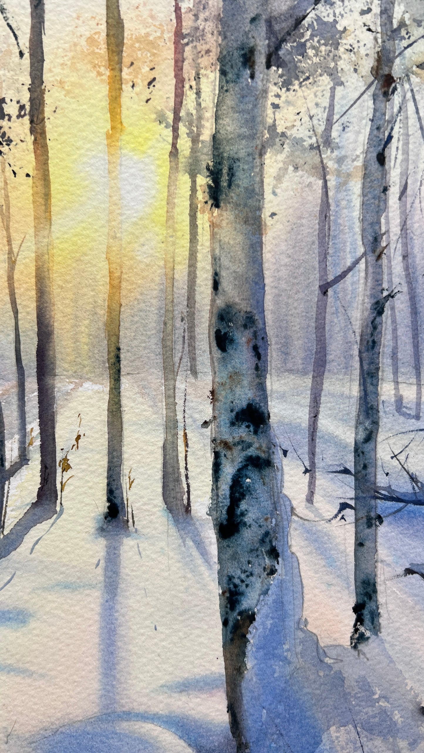 Original Winter Birch Forest Watercolor, Snowy Landscape Wall Art, Birch grove in winter glow 9x12