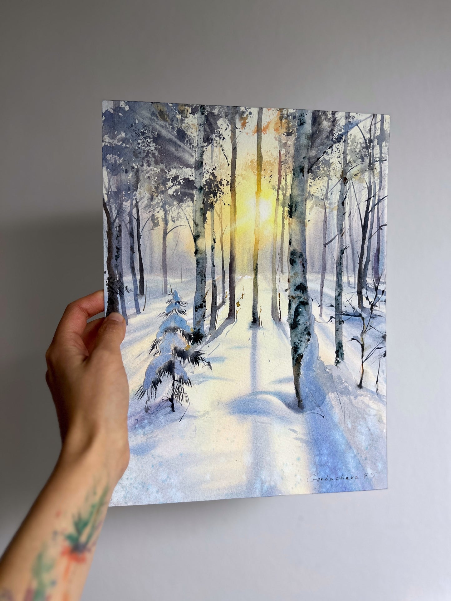 Original Winter Birch Forest Watercolor, Snowy Landscape Wall Art, Birch grove in winter glow 9x12