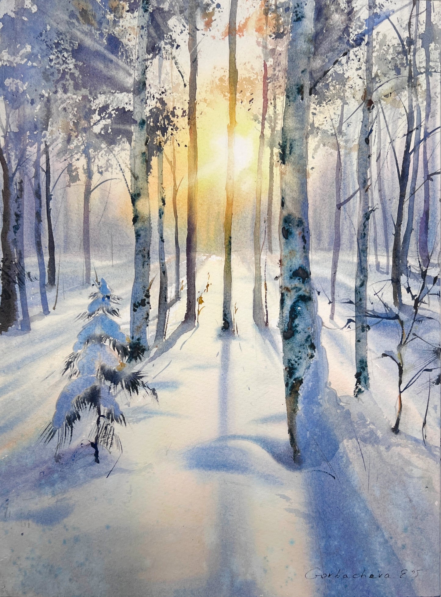 Original Winter Birch Forest Watercolor, Snowy Landscape Wall Art, Birch grove in winter glow 9x12