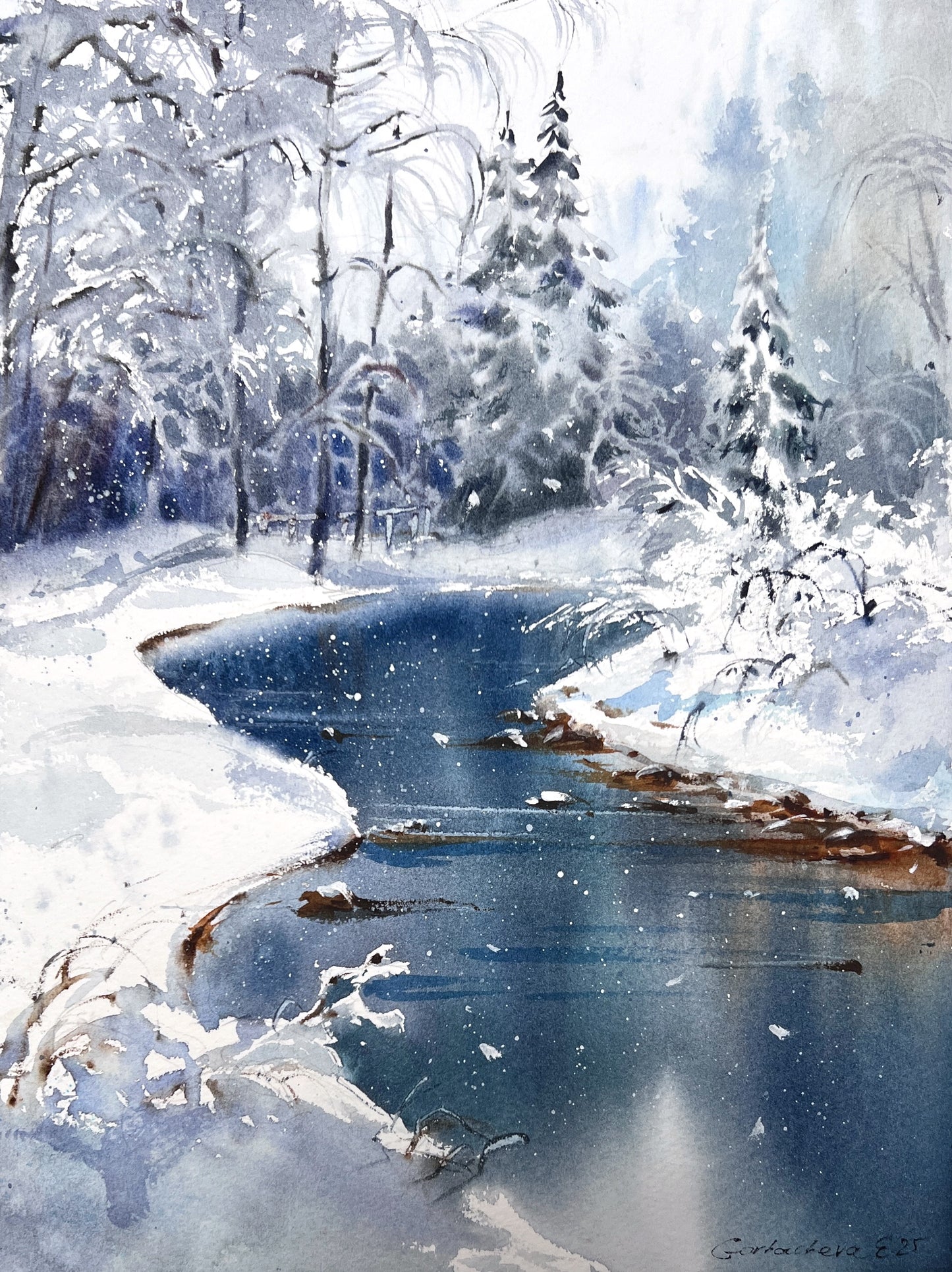 Original Winter Landscape Watercolor Painting, Snowy Forest River Art, Winter’s Quiet Heart 9x12 (Copy)