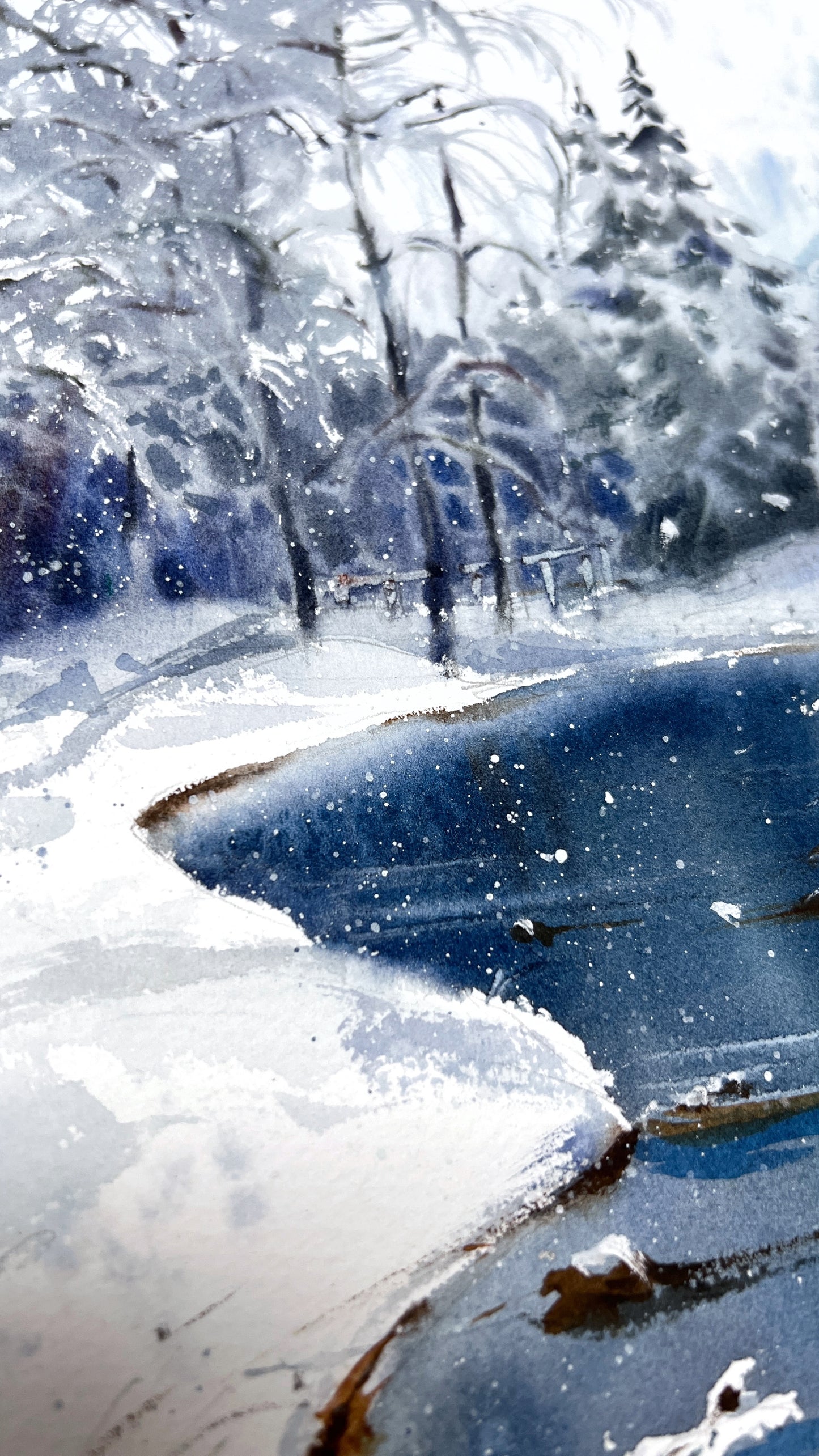 Original Winter Landscape Watercolor Painting, Snowy Forest River Art, Winter’s Quiet Heart 9x12 (Copy)