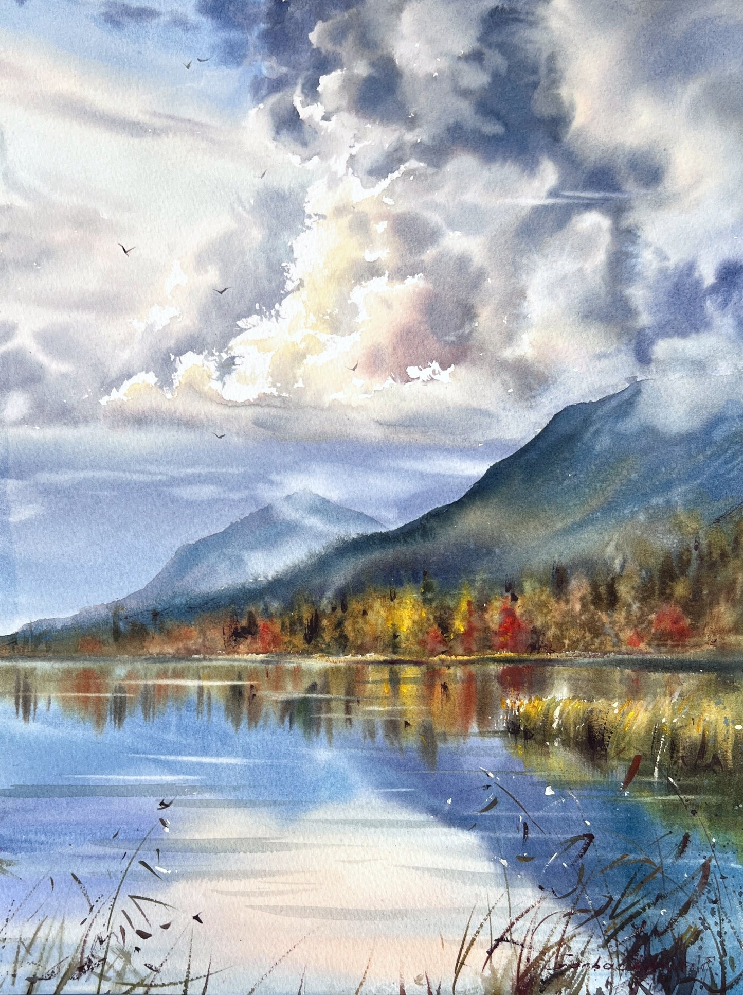 Mountain Lake Watercolor, Autumn Landscape Painting, Autumn Light on the Lake 12x16 in