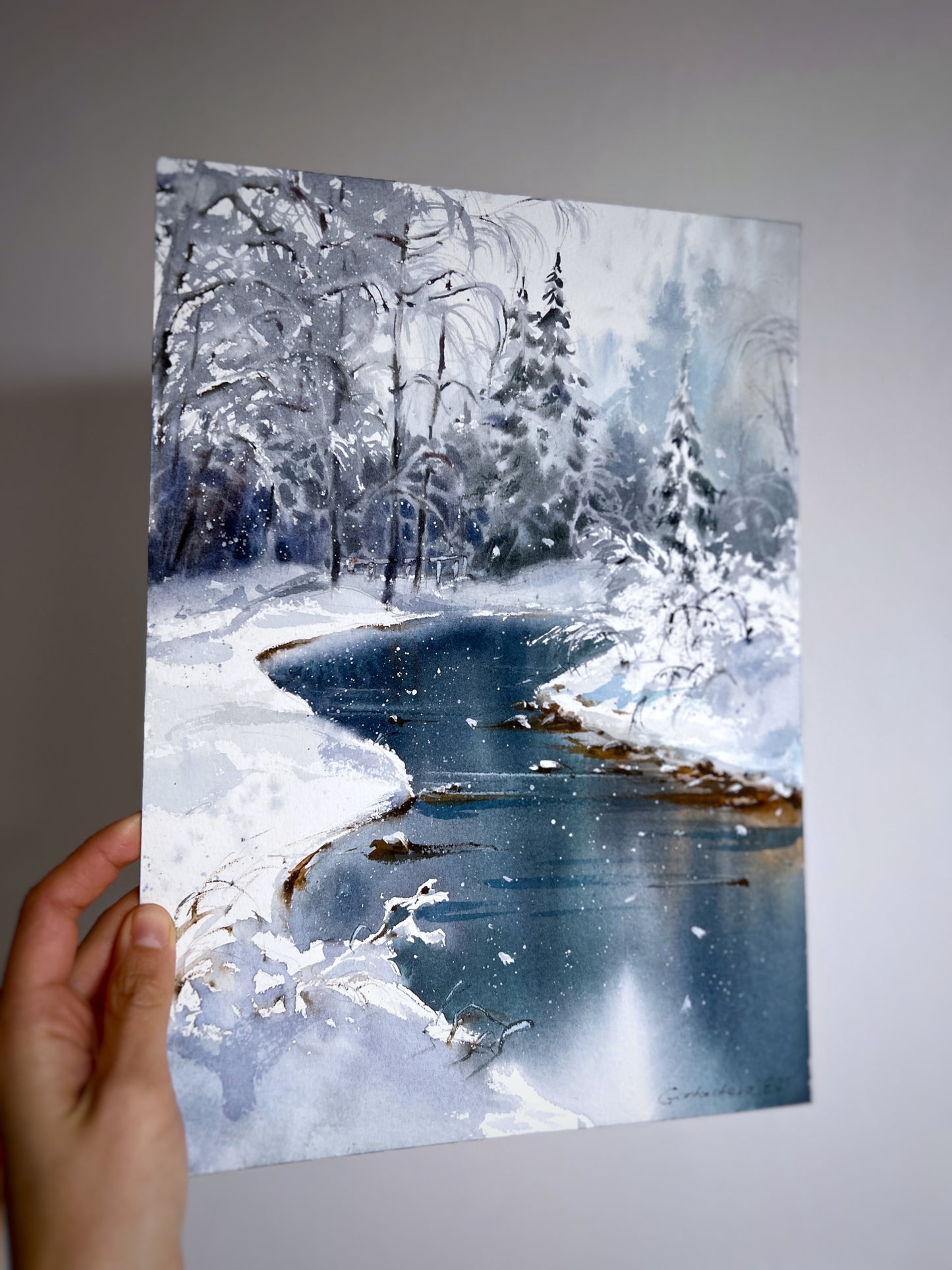 Original Winter Landscape Watercolor Painting, Snowy Forest River Art, Winter’s Quiet Heart 9x12 (Copy)
