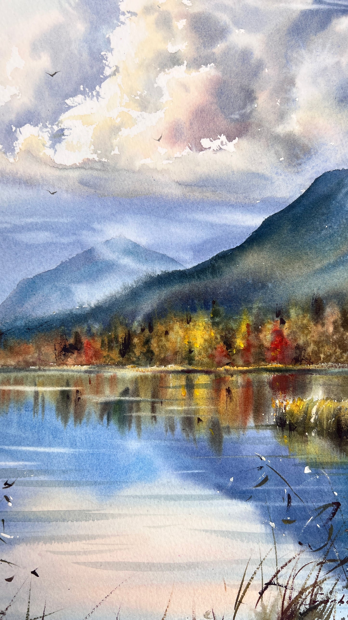 Mountain Lake Watercolor, Autumn Landscape Painting, Autumn Light on the Lake 12x16 in