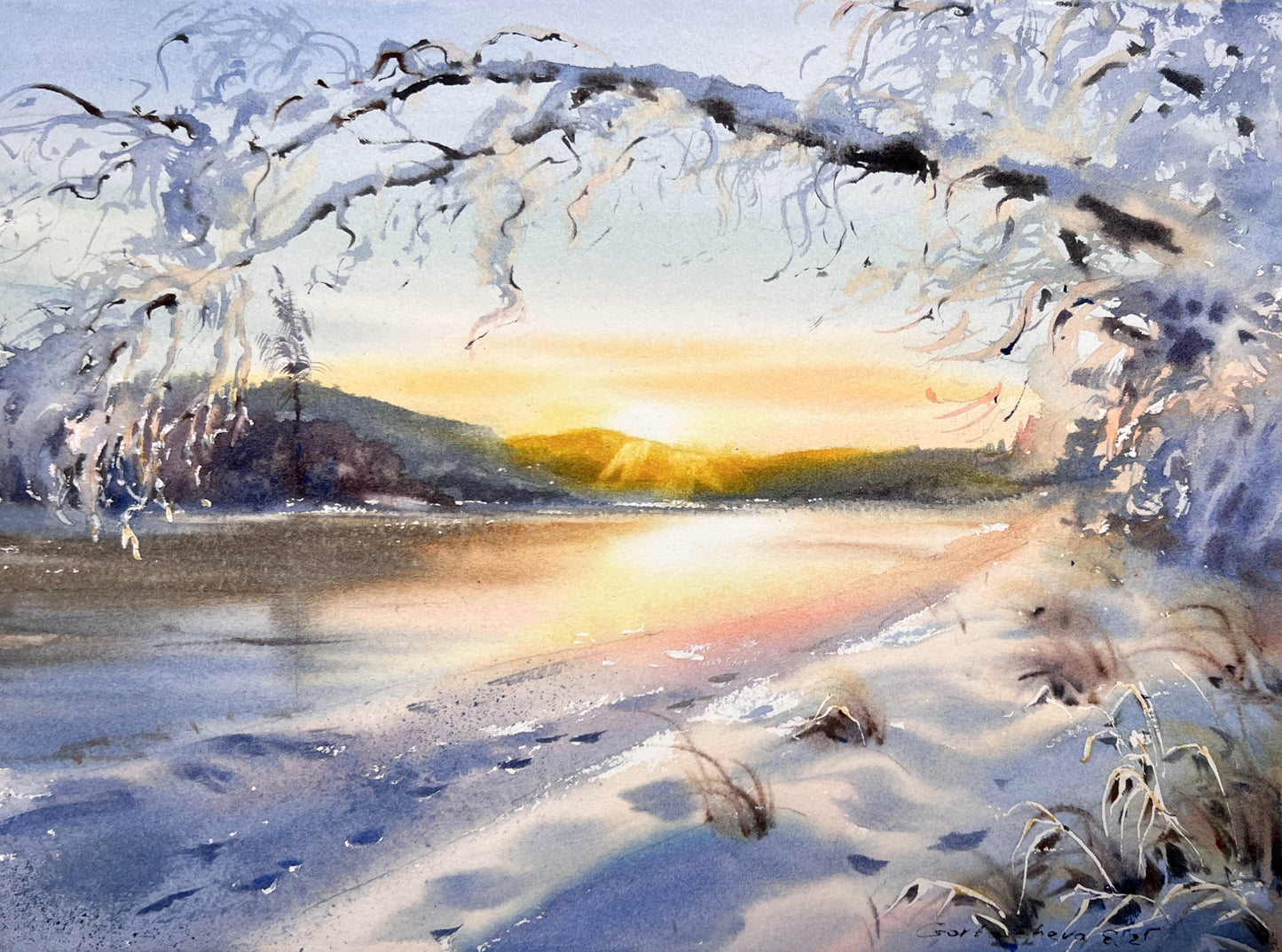 Winter Sunrise Watercolor Painting, Original Snowy Landscape Art, Golden Winter Hush 9X12
