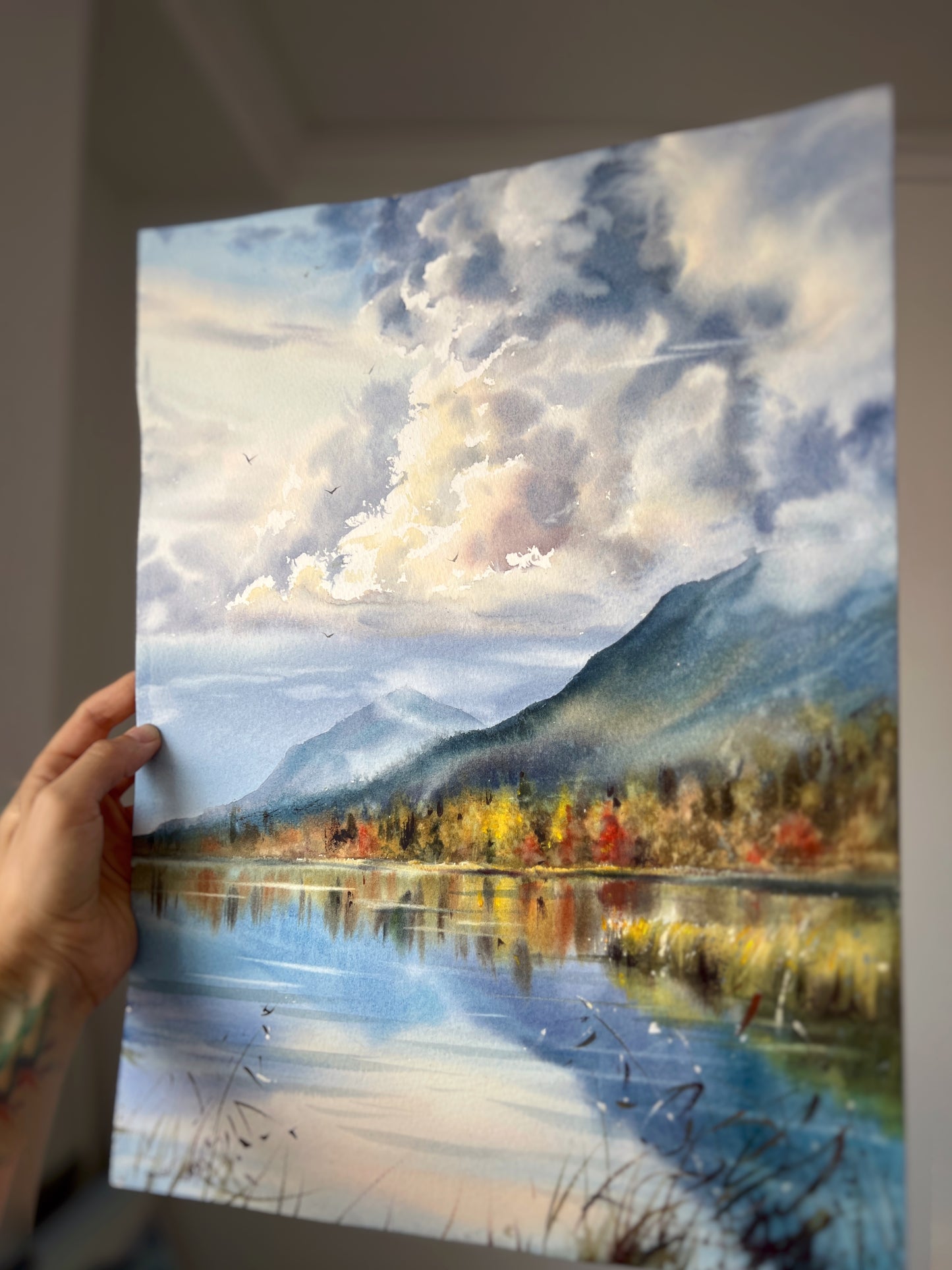 Mountain Lake Watercolor, Autumn Landscape Painting, Autumn Light on the Lake 12x16 in