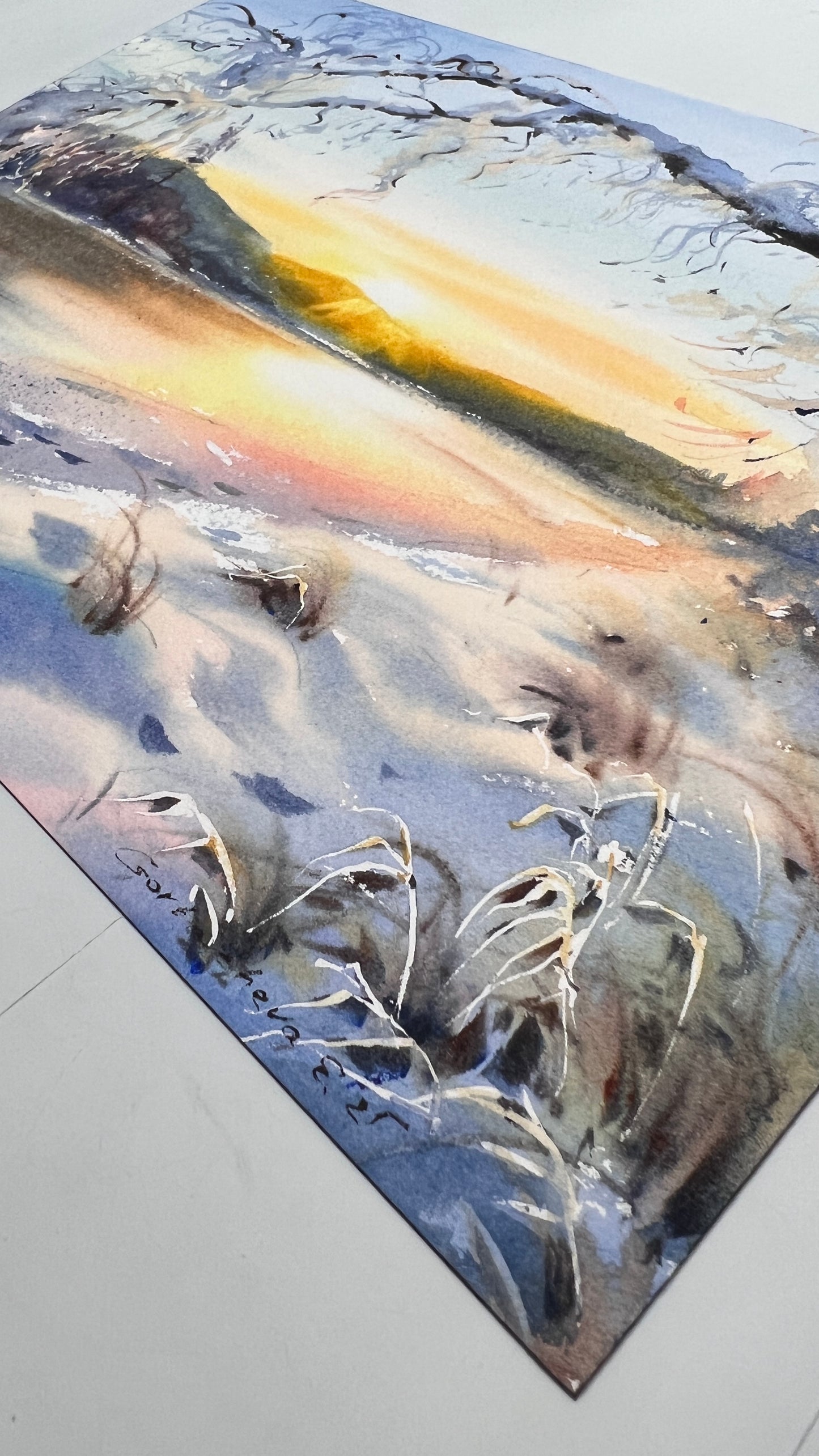 Winter Sunrise Watercolor Painting, Original Snowy Landscape Art, Golden Winter Hush 9X12