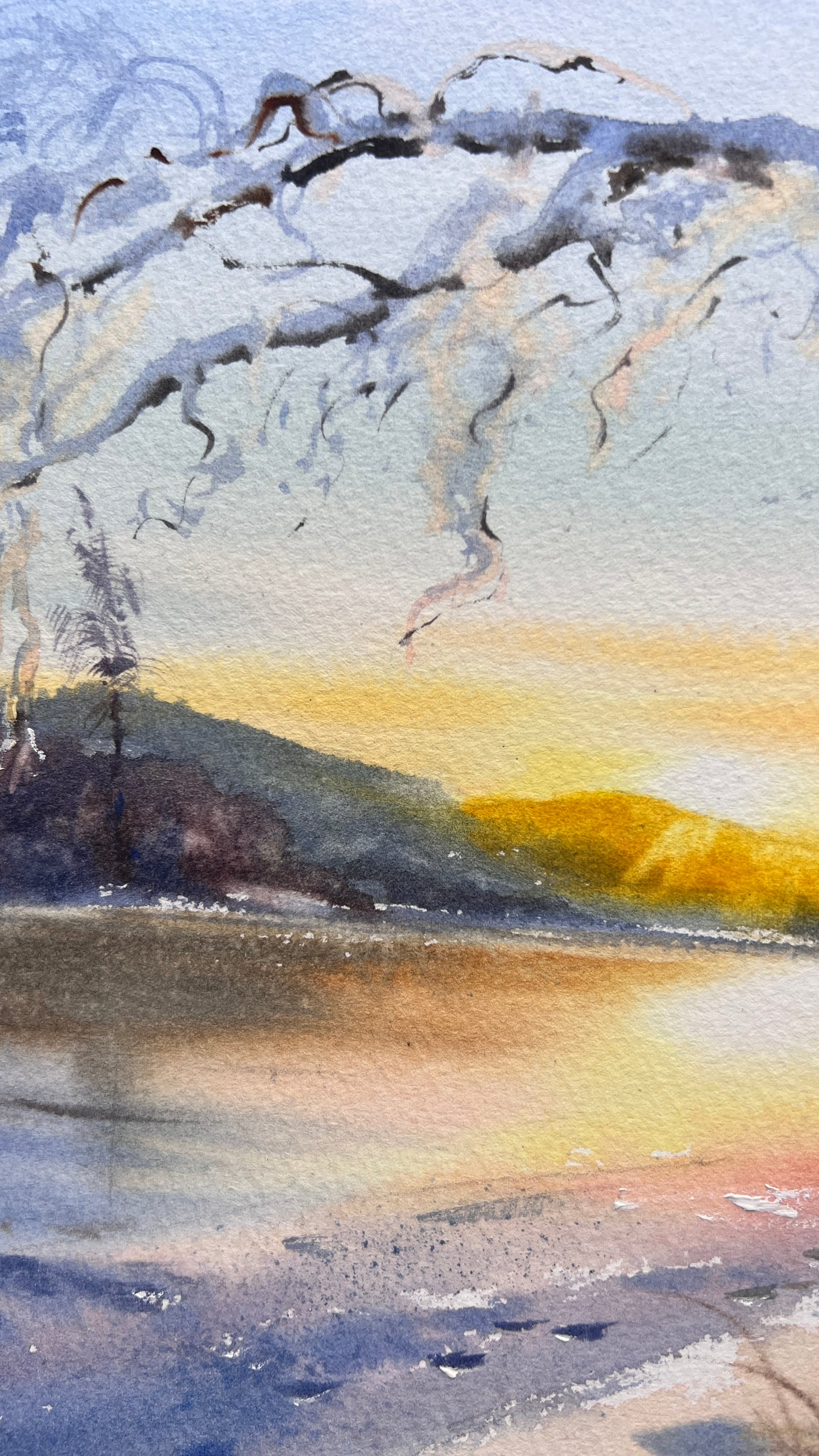 Winter Sunrise Watercolor Painting, Original Snowy Landscape Art, Golden Winter Hush 9X12