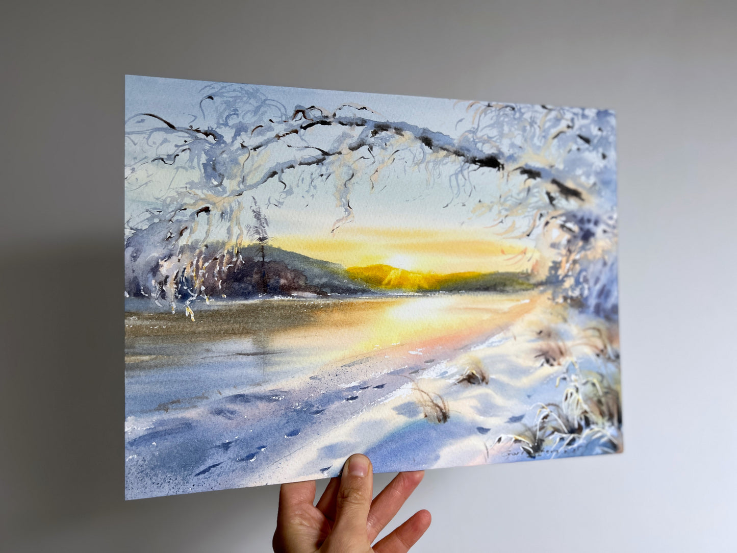 Winter Sunrise Watercolor Painting, Original Snowy Landscape Art, Golden Winter Hush 9X12