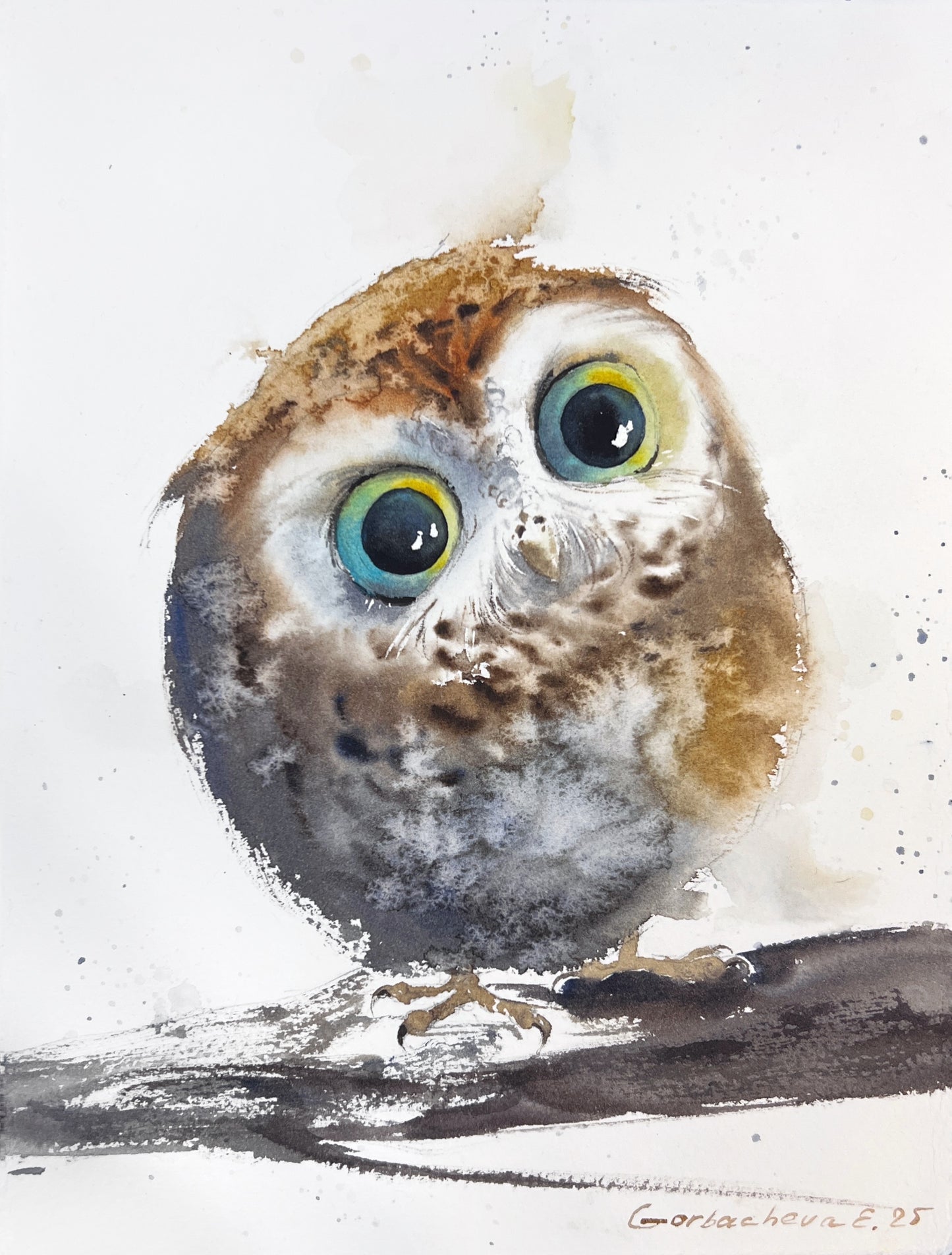 Owl painting original watercolor, cute little owl perched on branch, delicate nature-inspired art