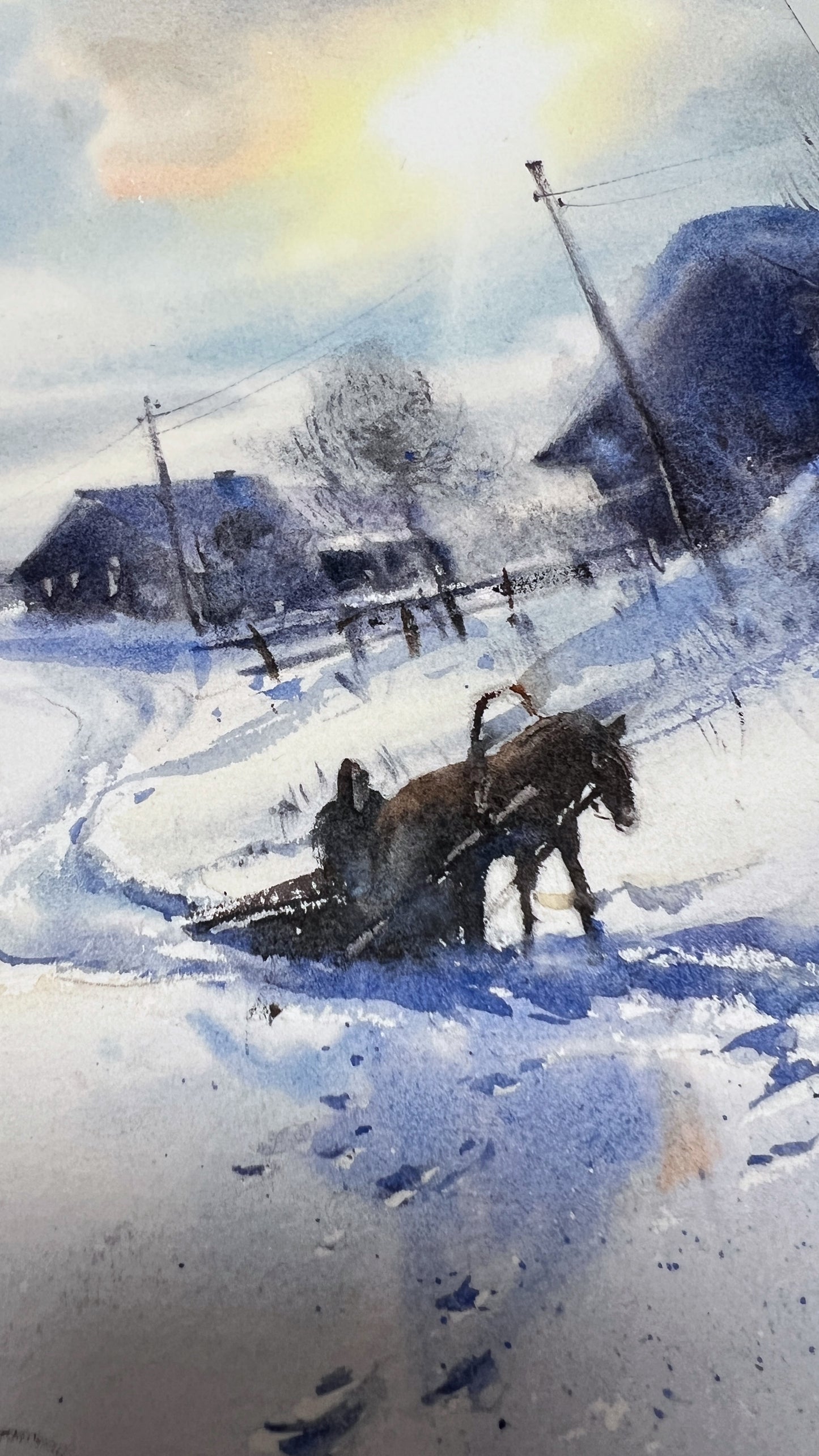 Original Watercolor Winter Landscape Painting, Horse Sleigh Art, Snowy Village Scene, An Old Winter Tale