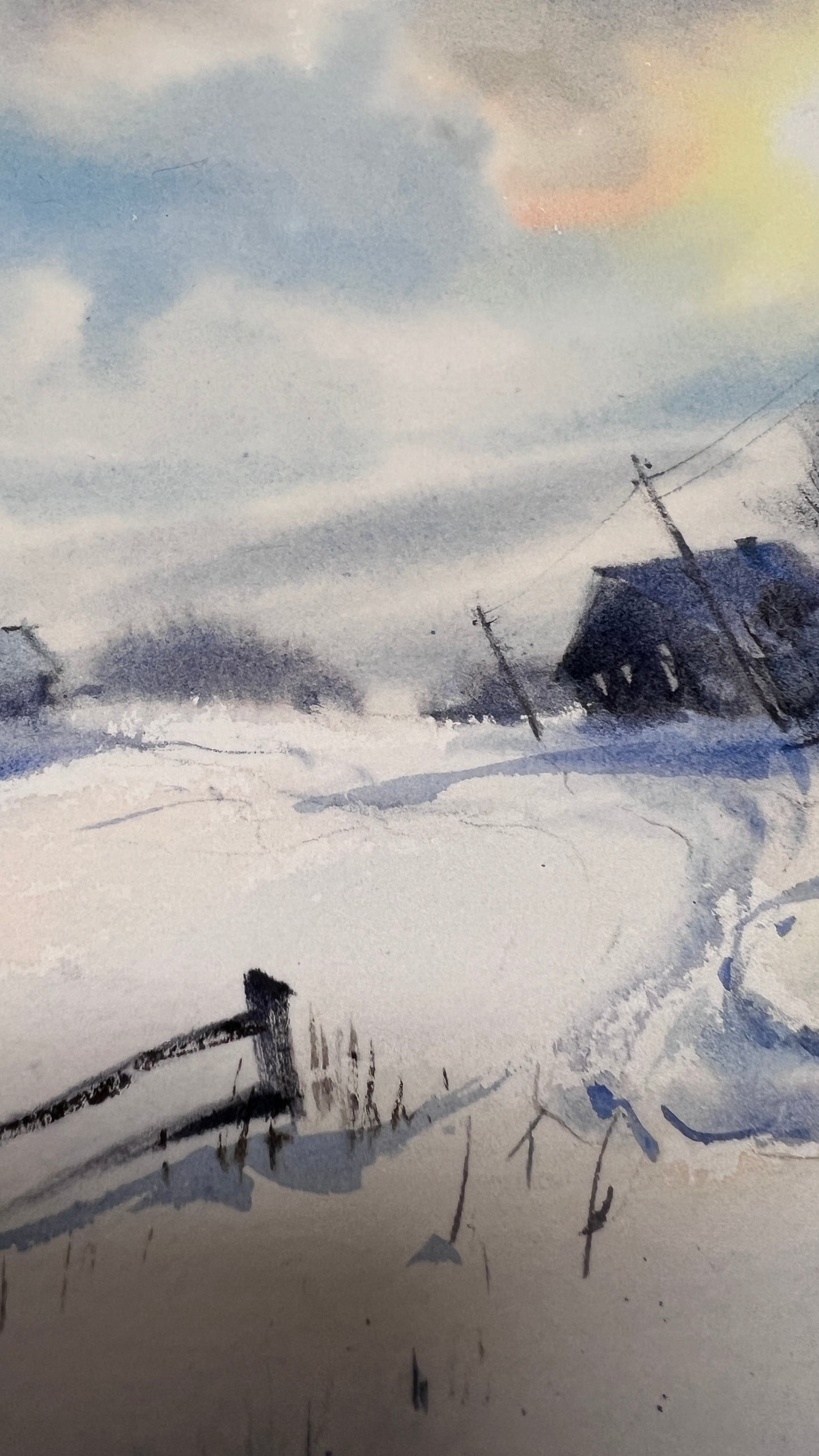 Original Watercolor Winter Landscape Painting, Horse Sleigh Art, Snowy Village Scene, An Old Winter Tale