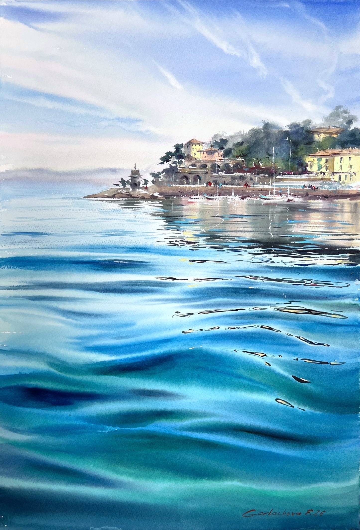 Recco Liguria Watercolor, Italian Riviera Seascape, Blue Waters of Recco 15x22